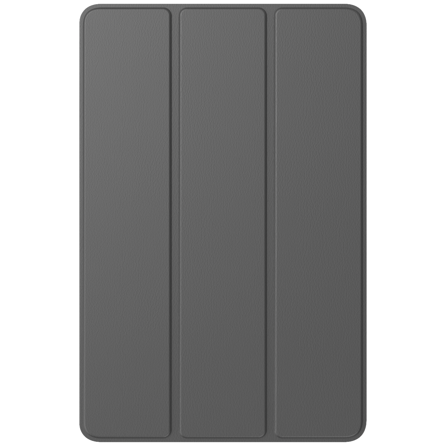 Étui pour tablette gris foncé fermé avec trois plis verticaux.