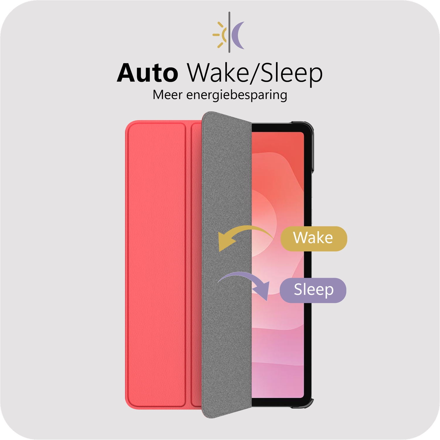 Rode tablethoes met grijze omslag die een tablet met wakker worden/slapen functie toont.
