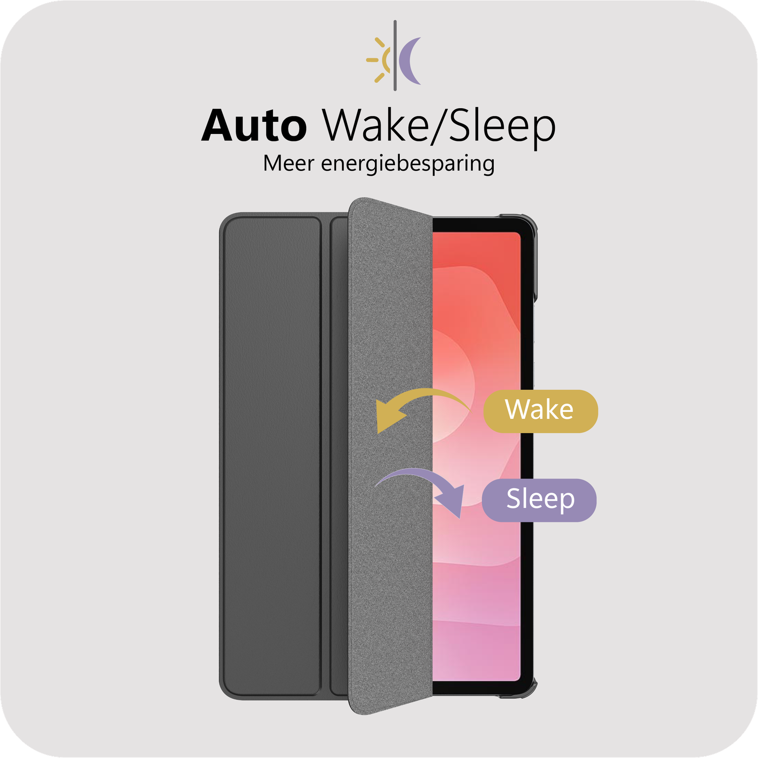 Een grijze tablet met open hoes, met 'Wake/Sleep'-labels.