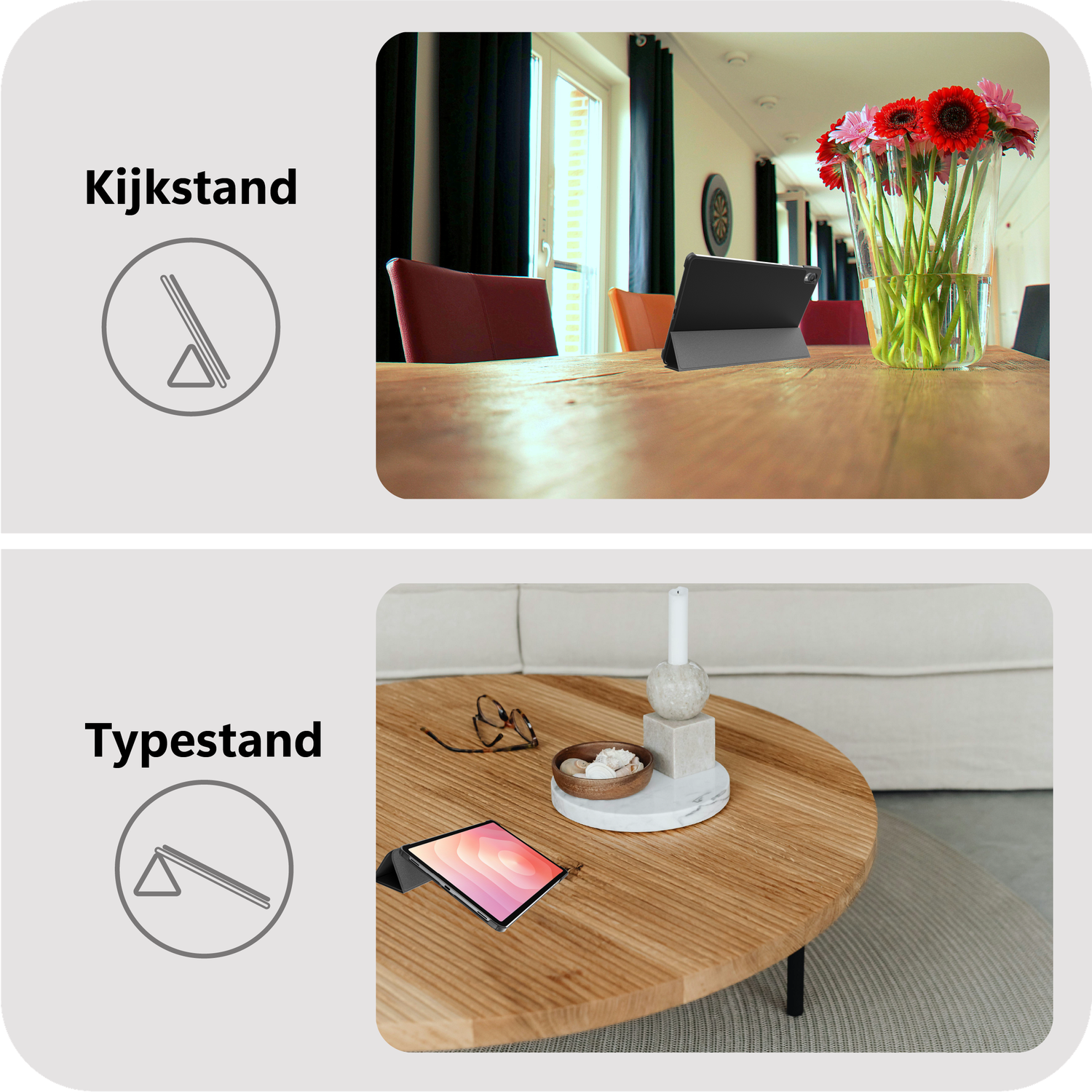 Een tablet in een standaard op een houten tafel met bloemen, naast een tablet in type-standaard.