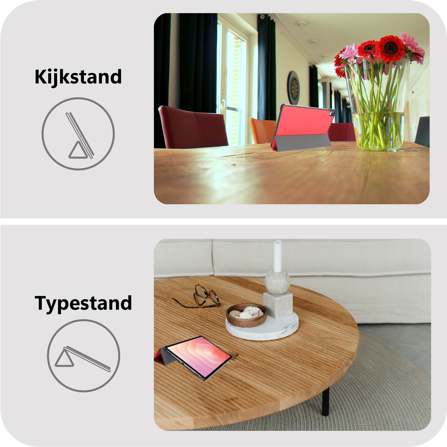 Een tablet in portretmodus op een houten tafel met bloemen en stoelen.