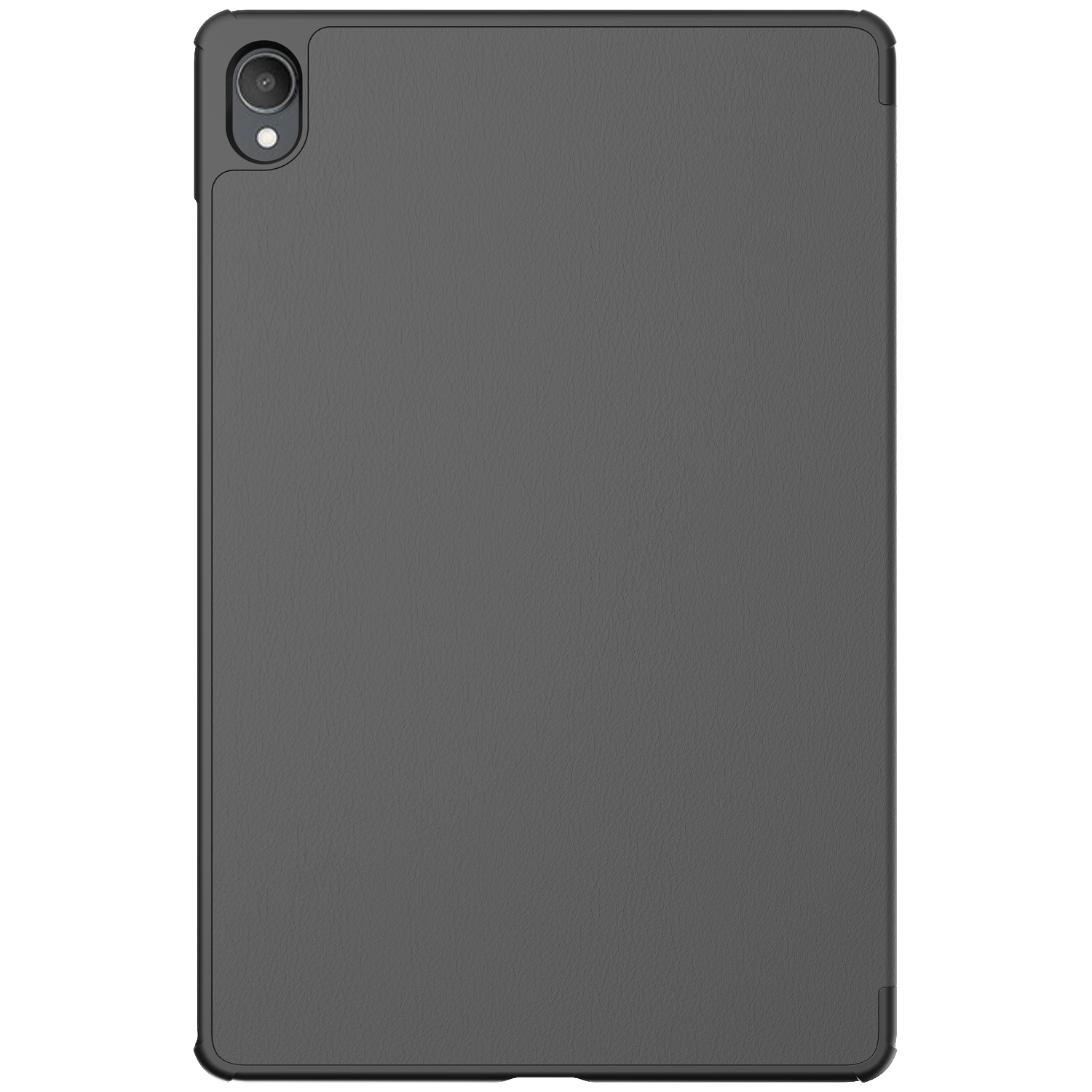 Tablette gris foncé avec trou de caméra en haut à gauche.