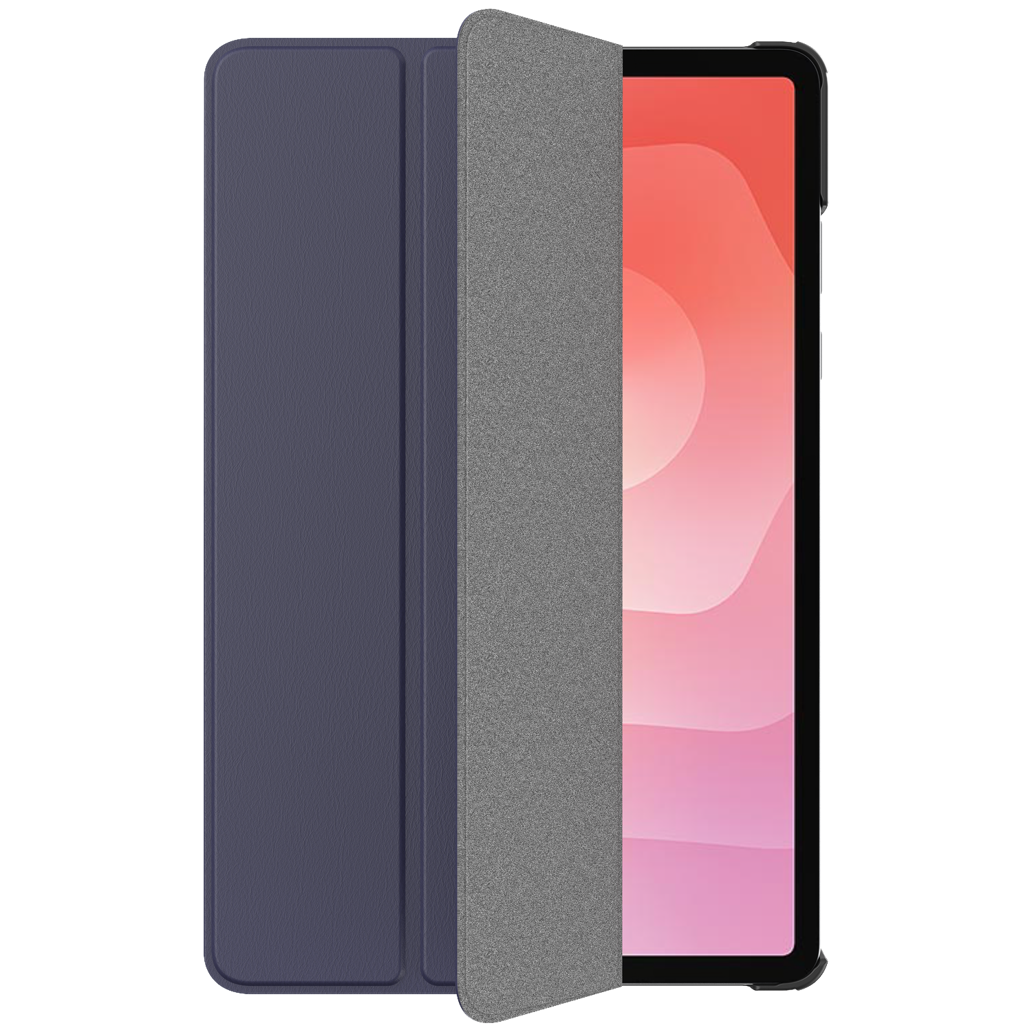 Étui pour tablette bleu foncé avec insert gris, partiellement ouvert.