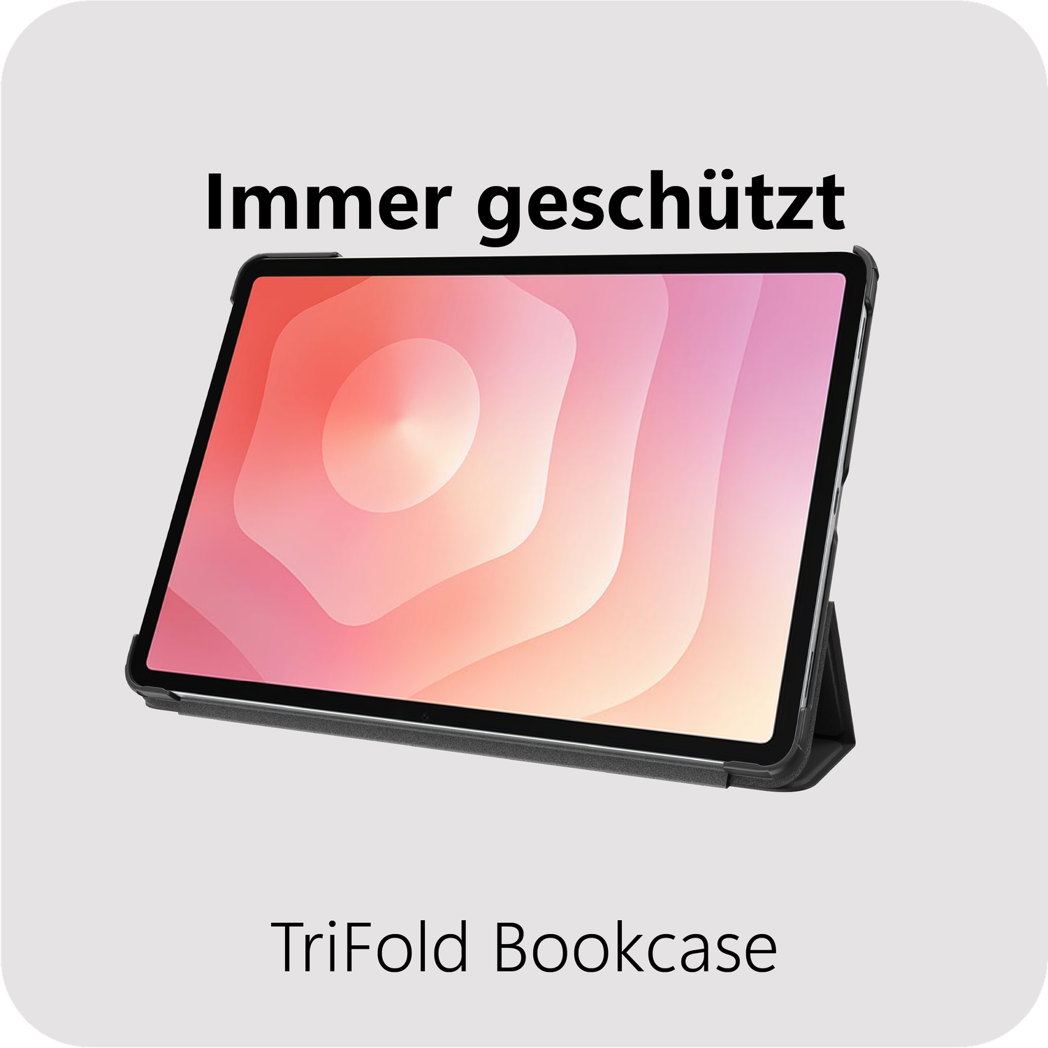 Een tablet in een zwarte hoes met een kleurrijke achtergrondafbeelding.
