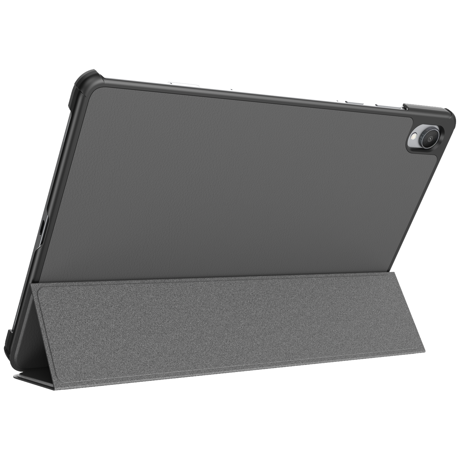 Étui pour tablette gris avec fonction support, sur fond blanc.