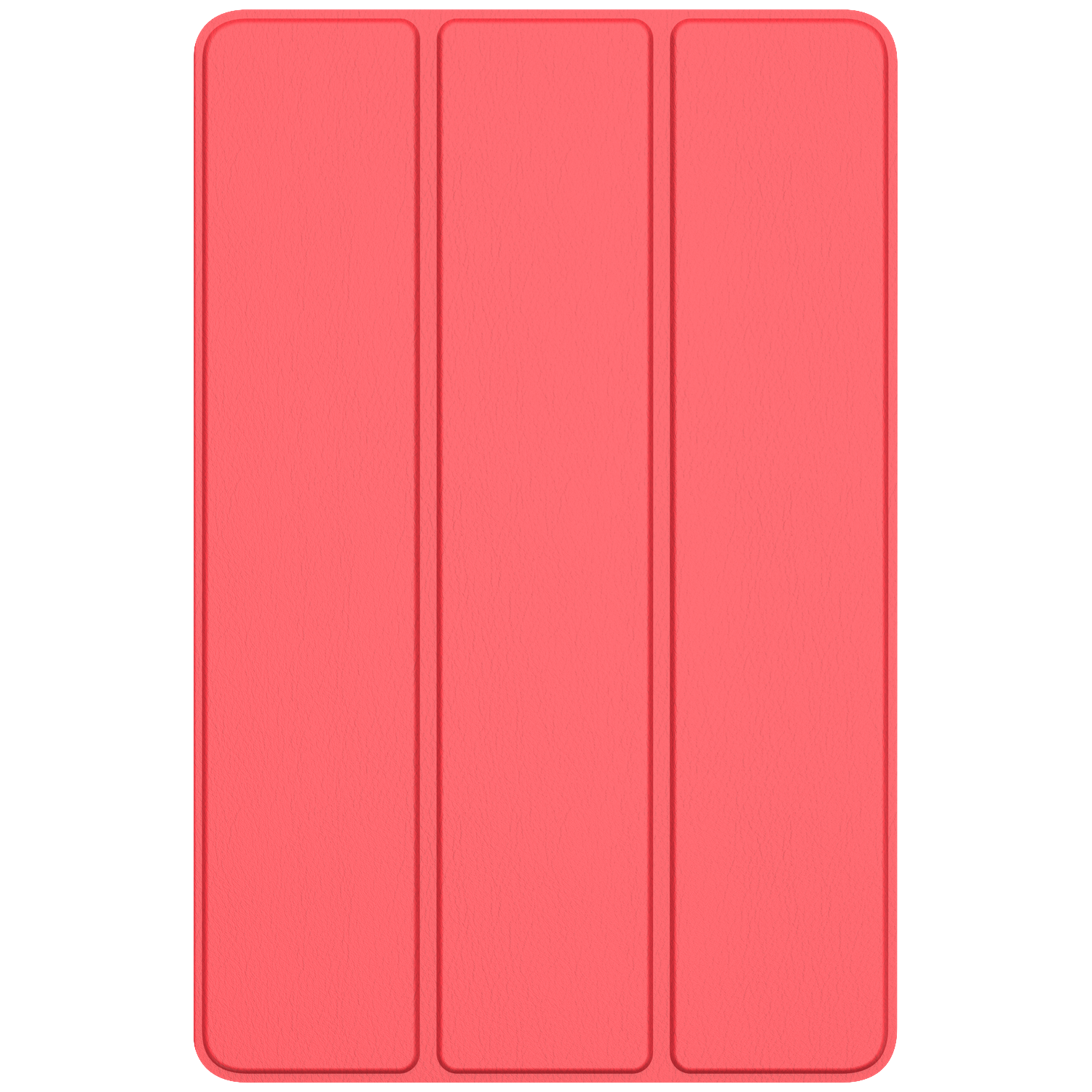 Une housse de tablette rouge corail à trois plis verticaux, sur fond blanc.