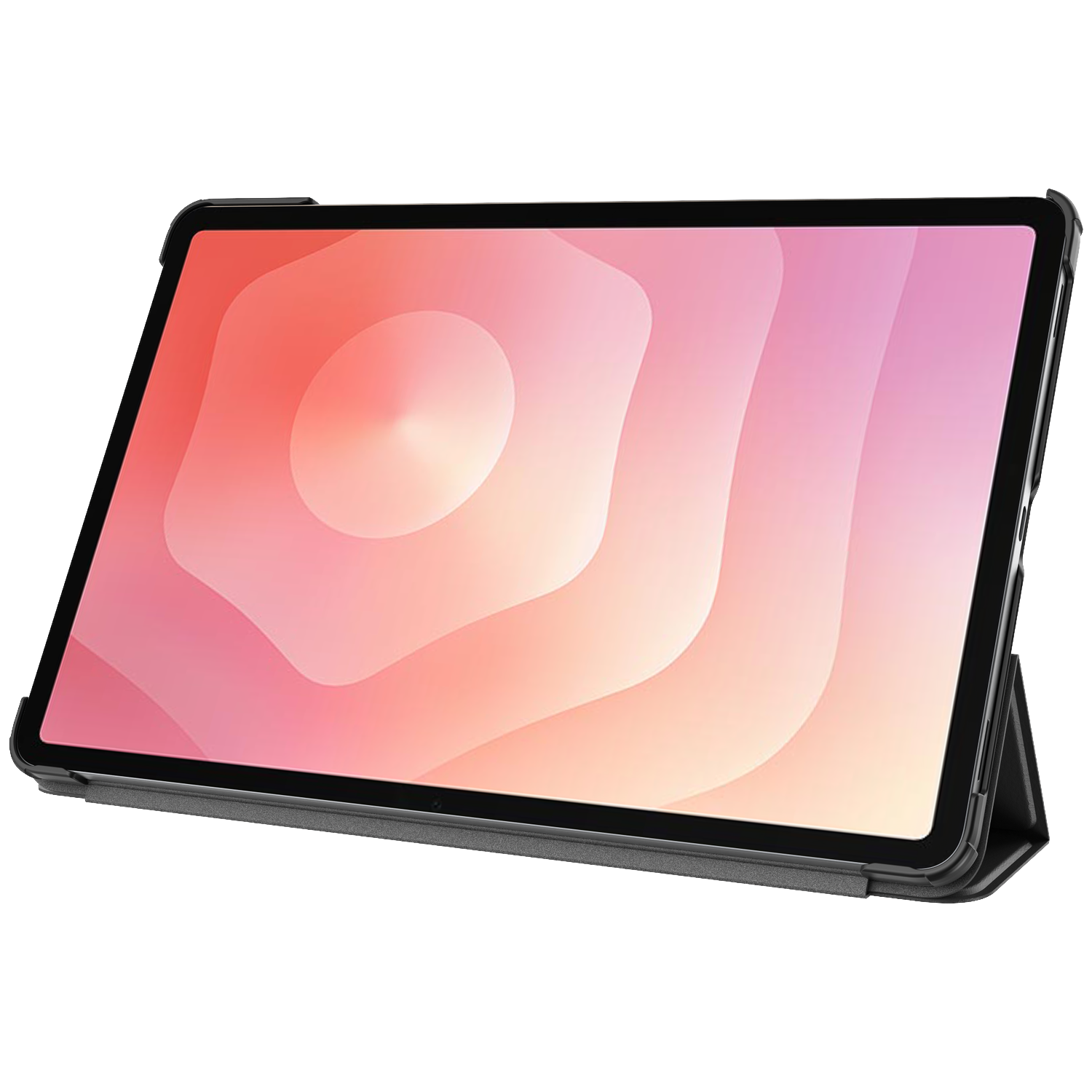 Une tablette noire dans un étui avec un écran de fond abstrait rose et orange.