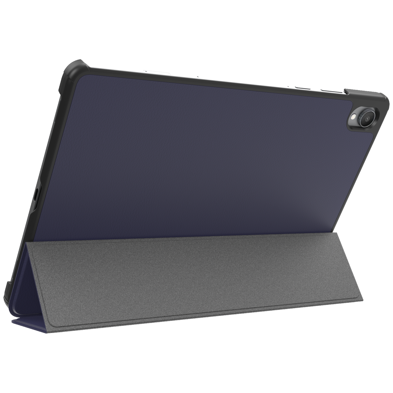 Tablette bleu foncé avec support gris, caméra en haut à droite.