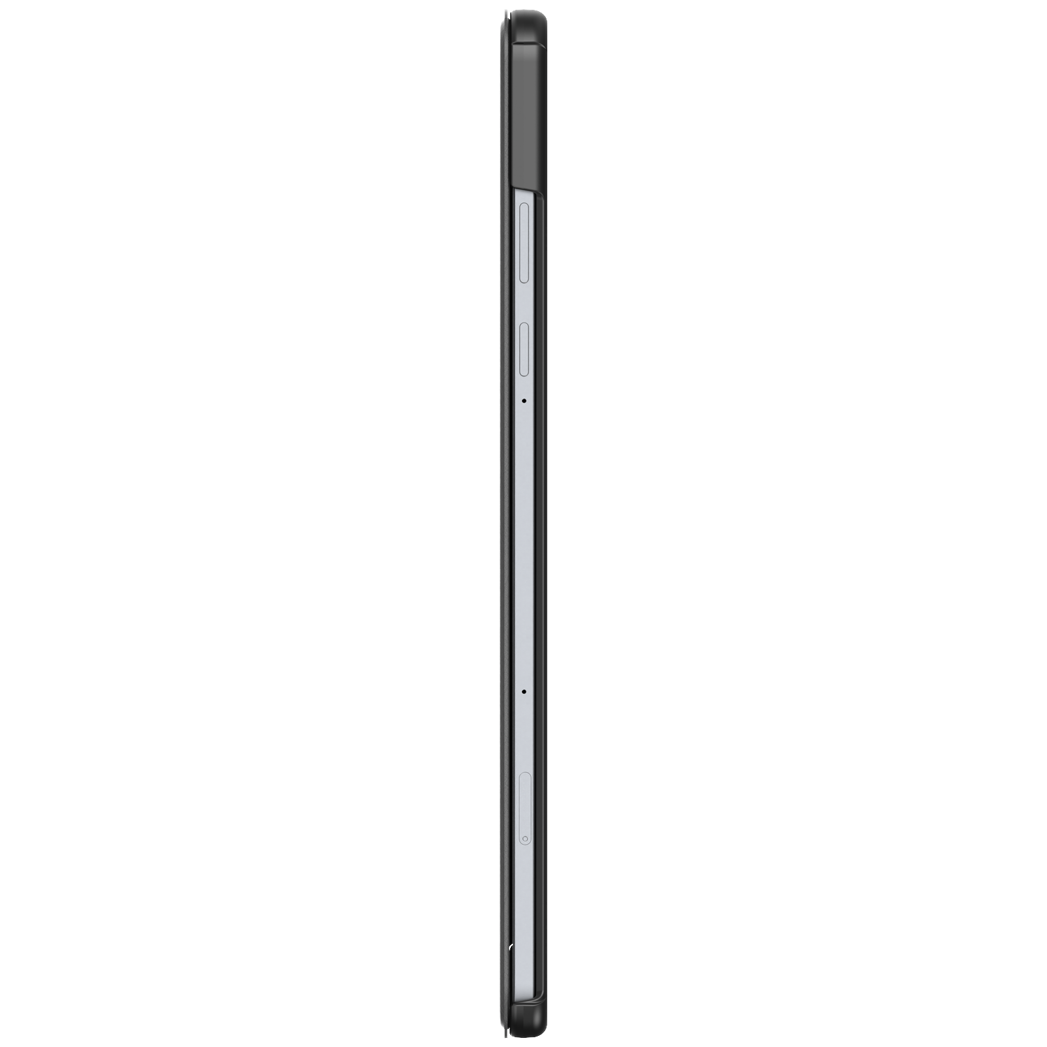 Vue latérale d'un smartphone noir avec des boutons argentés.