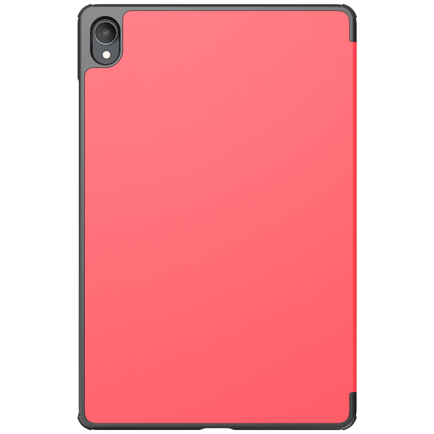 Une tablette rouge corail avec bordure noire et objectif de caméra en haut à gauche.