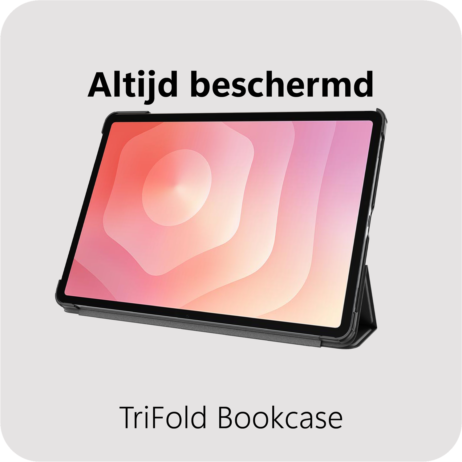 Een zwart TriFold Bookcase voor een tablet, met een kleurrijke abstracte achtergrond.