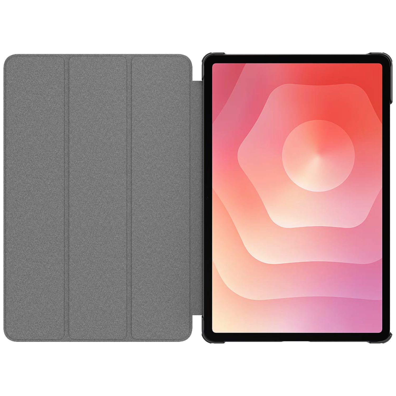 Tablette grise avec couverture ouverte et fond d'écran coloré.