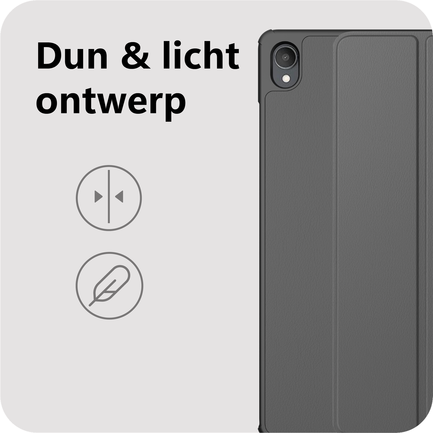 Grijze tablethoes met tekst 'Dun & licht ontwerp' en iconen.
