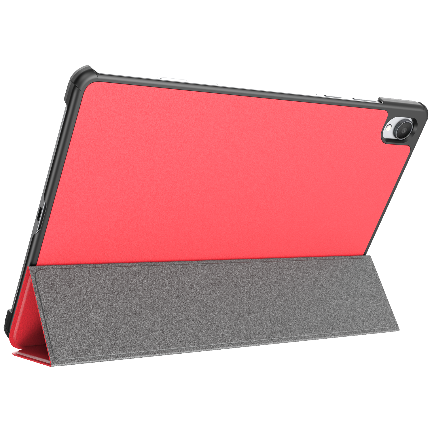 Étui rouge pour tablette avec support gris en orientation paysage sur fond blanc.