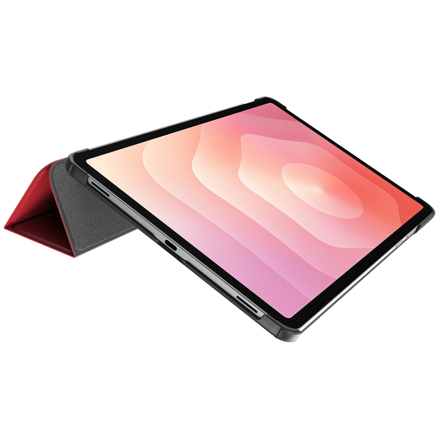 Une tablette avec un support rouge et gris, sur fond blanc.
