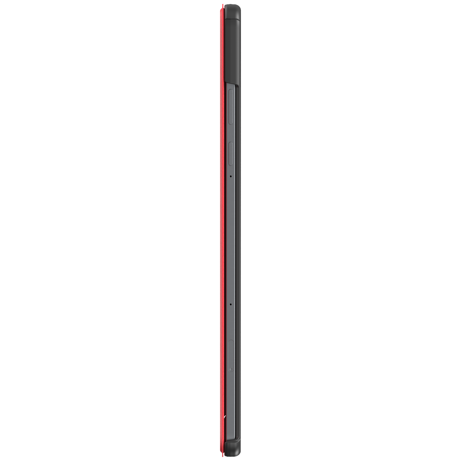 Un smartphone noir avec un bord rouge, vu de côté.