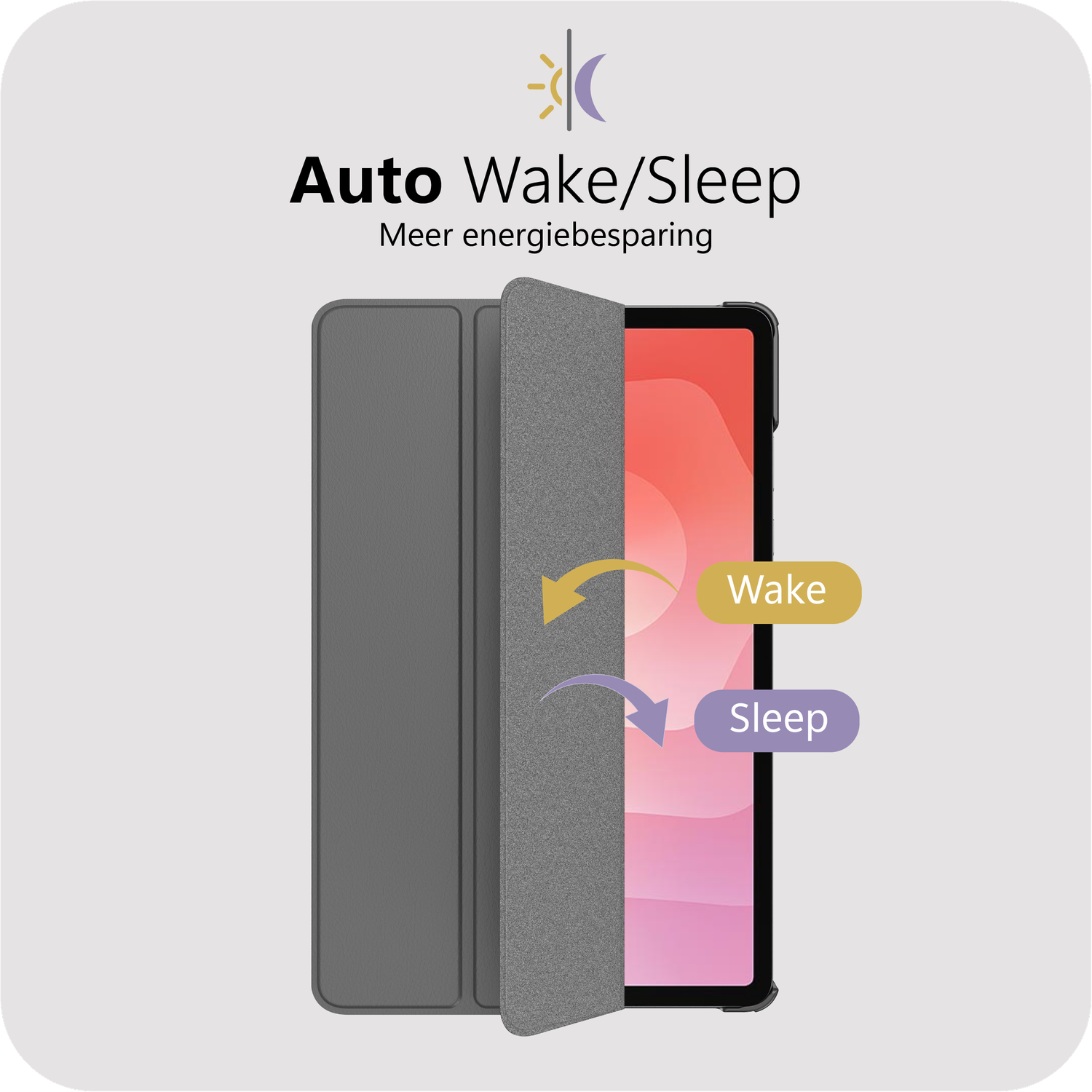Grijze tablethoes met tekst 'Auto Wake/Sleep'. Een tablet wordt getoond.