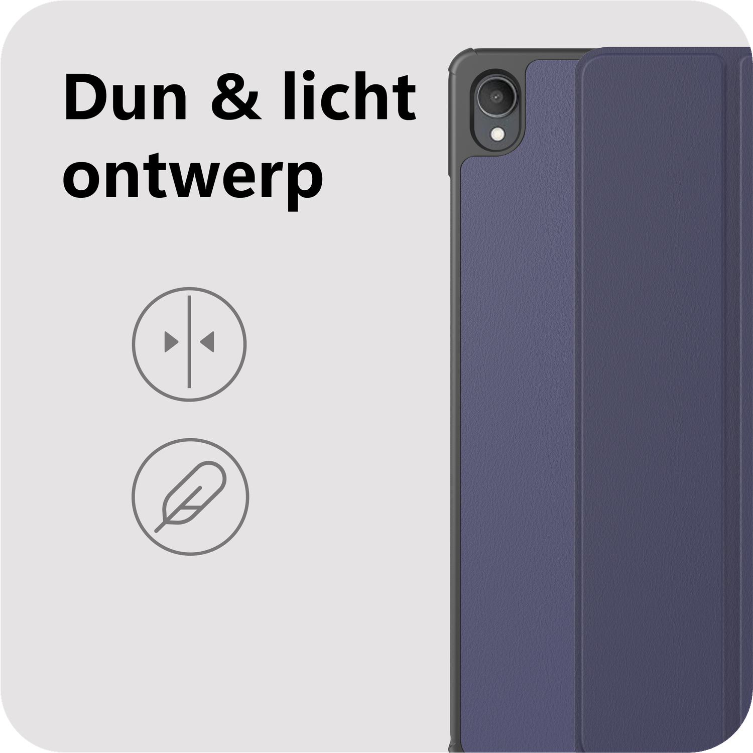 Dun & licht ontwerp met tablethoes en camerauitsparing.