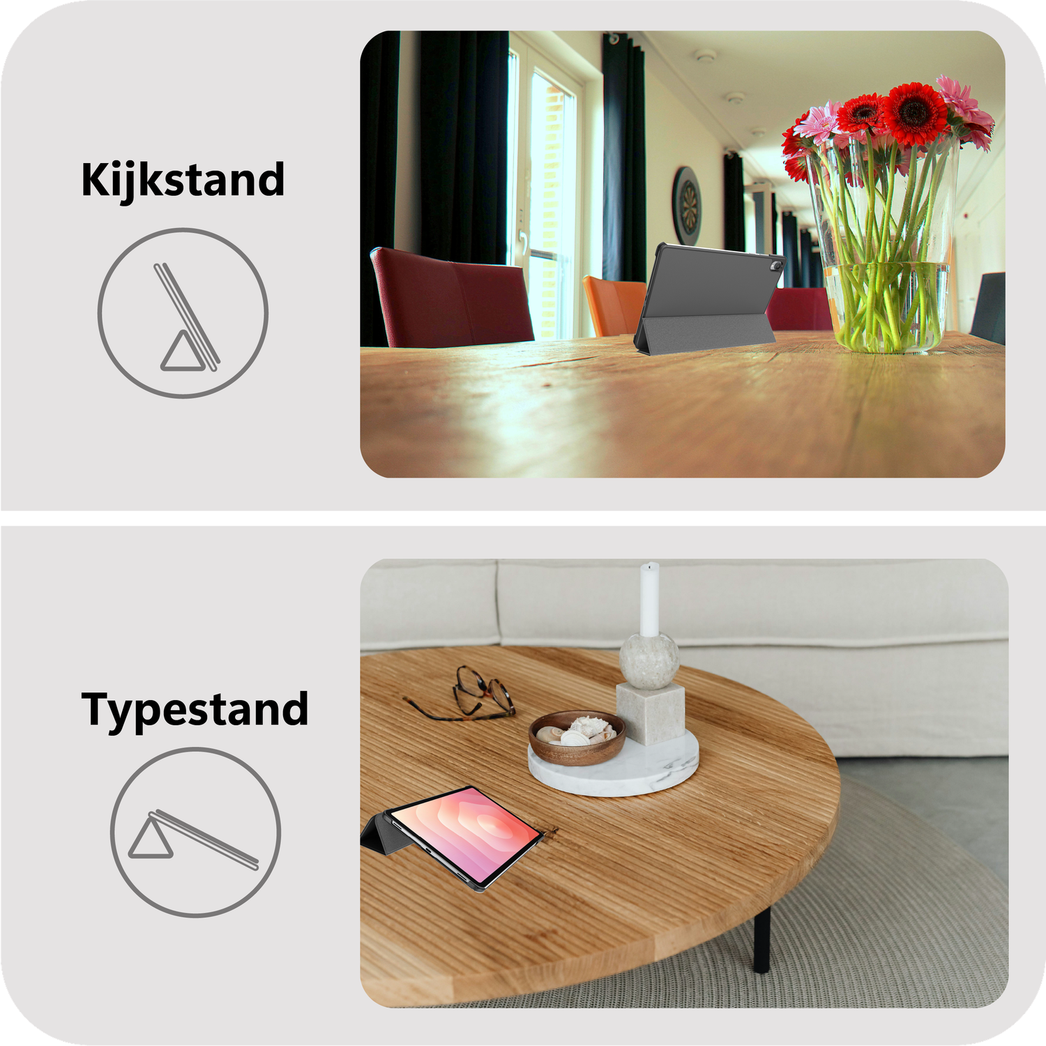 Een tablet in "Kijkstand" en "Typestand" modus op een houten tafel.