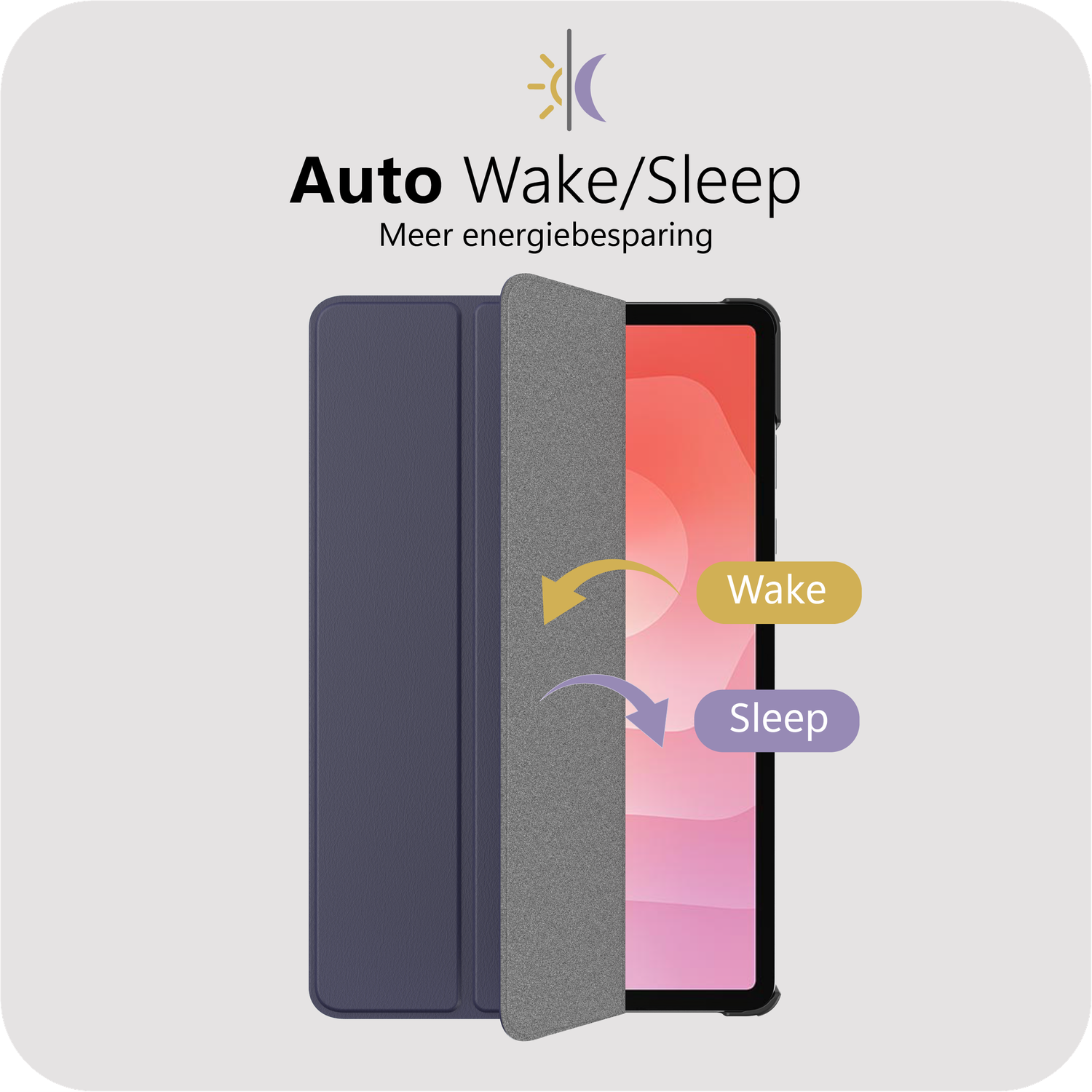 Een tablet met een donkerblauwe hoes die opengaat om het scherm te tonen, met Wake/Sleep.