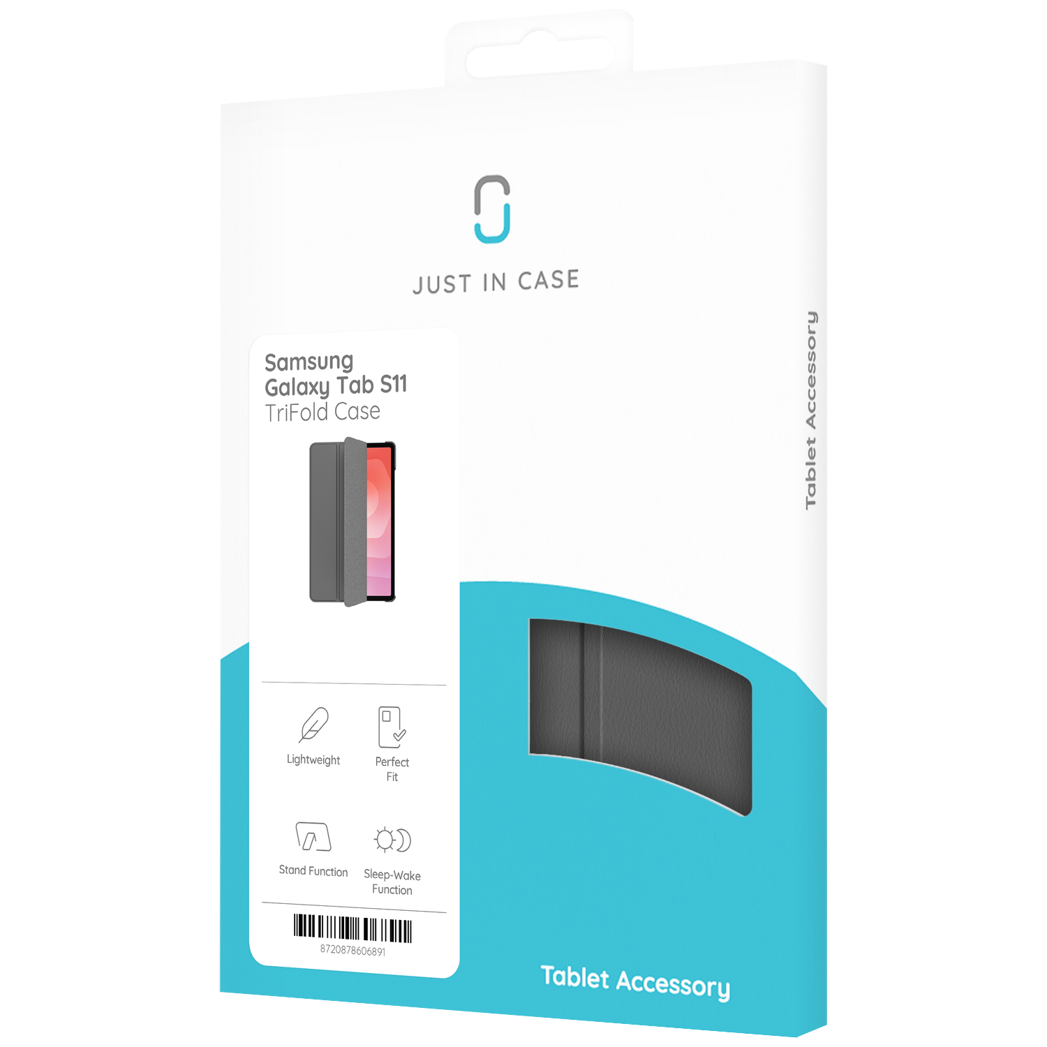 Emballage de l'étui Samsung Galaxy Tab S11 TriFold avec image produit et fonctions.