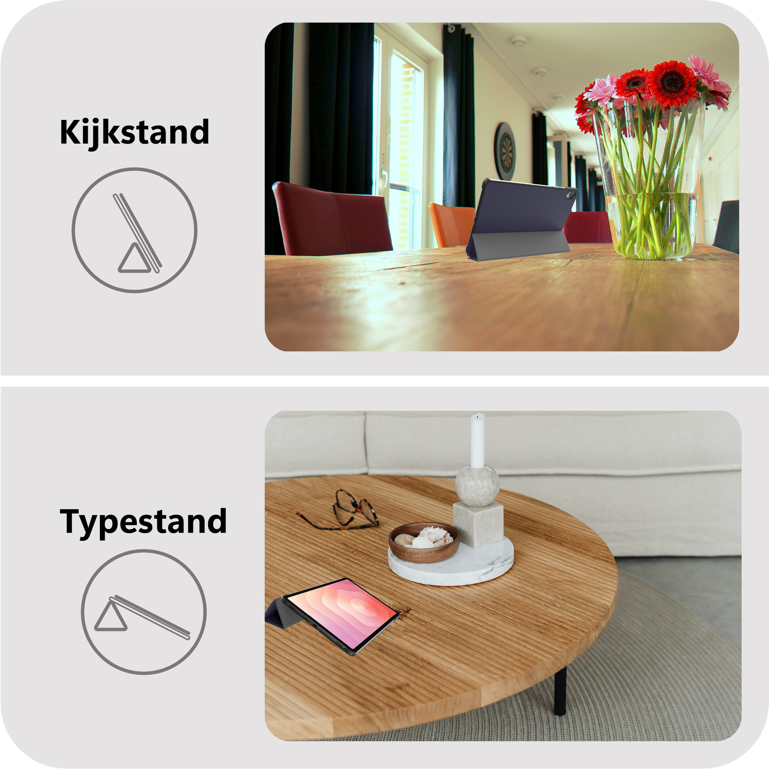 Een tablet in standaardmodus op een houten tafel met bloemen, naast een tablet in typmodus op een salontafel.