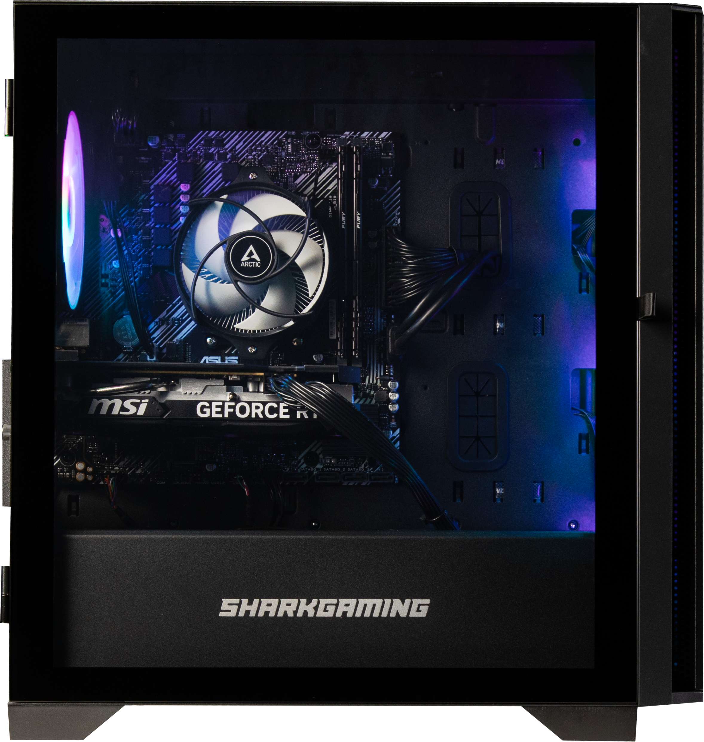 Nyitott PC torony RGB világítással és látható alkatrészekkel.