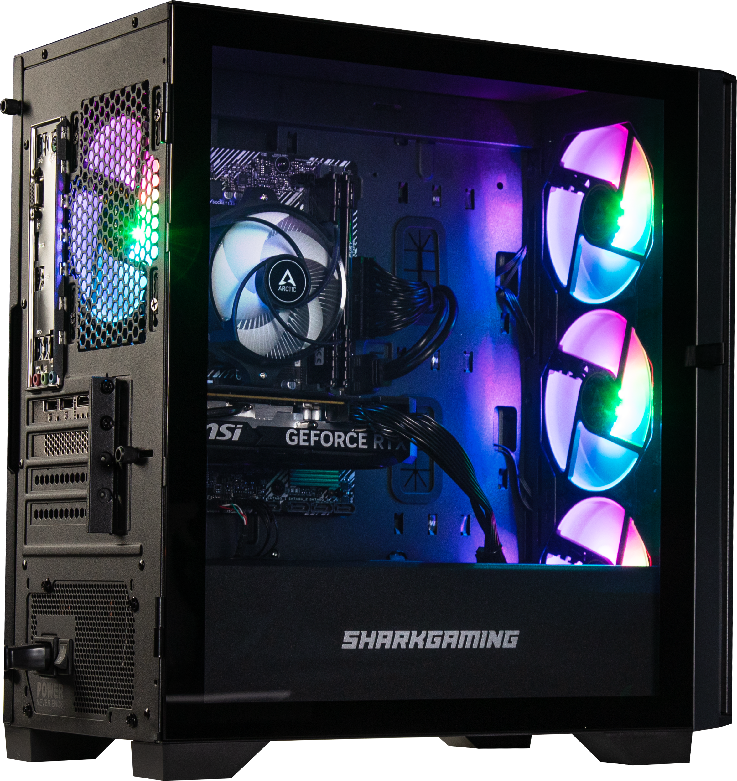 Egy fekete gamer PC ház, megvilágított ventilátorokkal és alkatrészekkel.