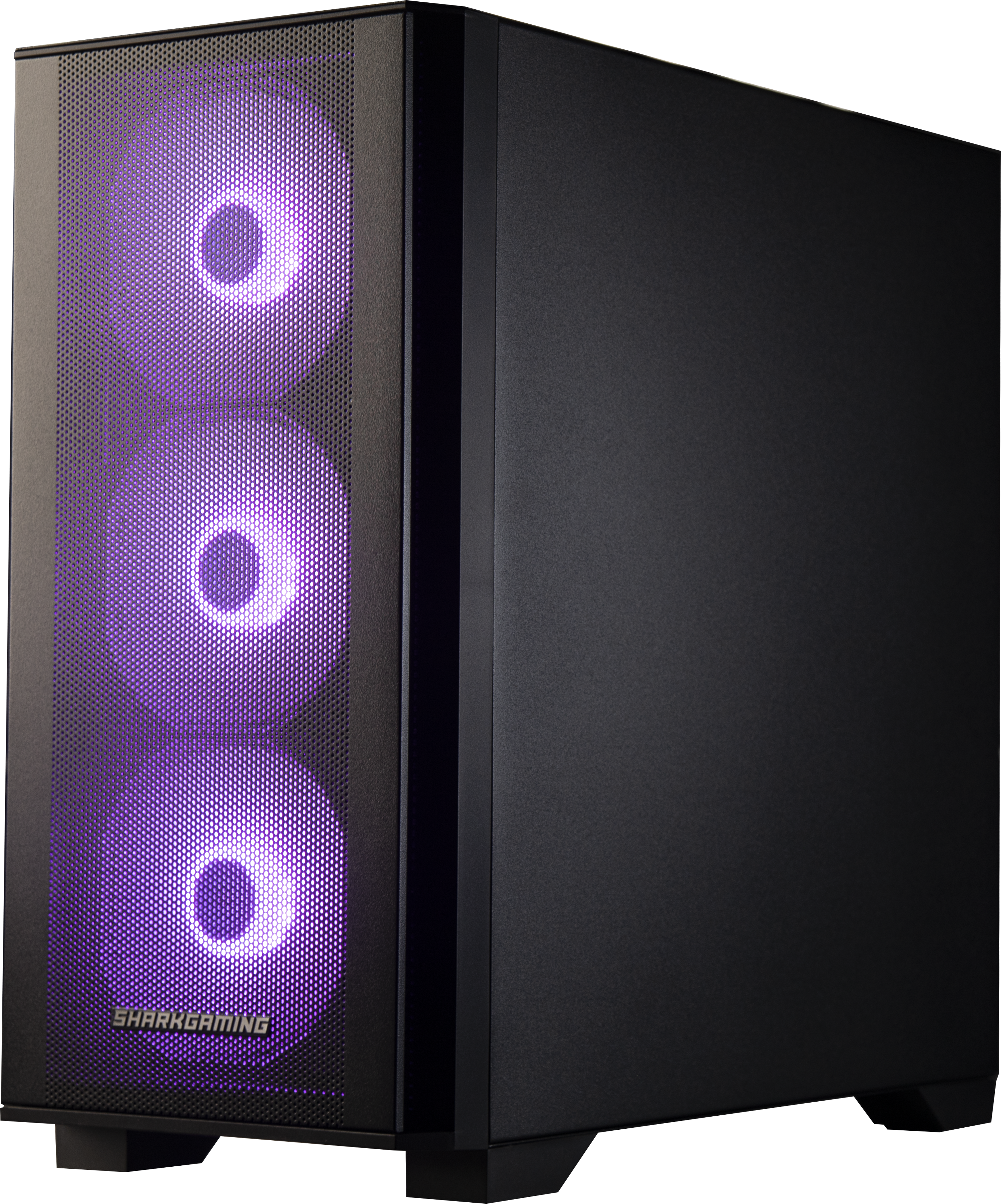 Fekete PC torony elöl három lila világítású ventilátorral.