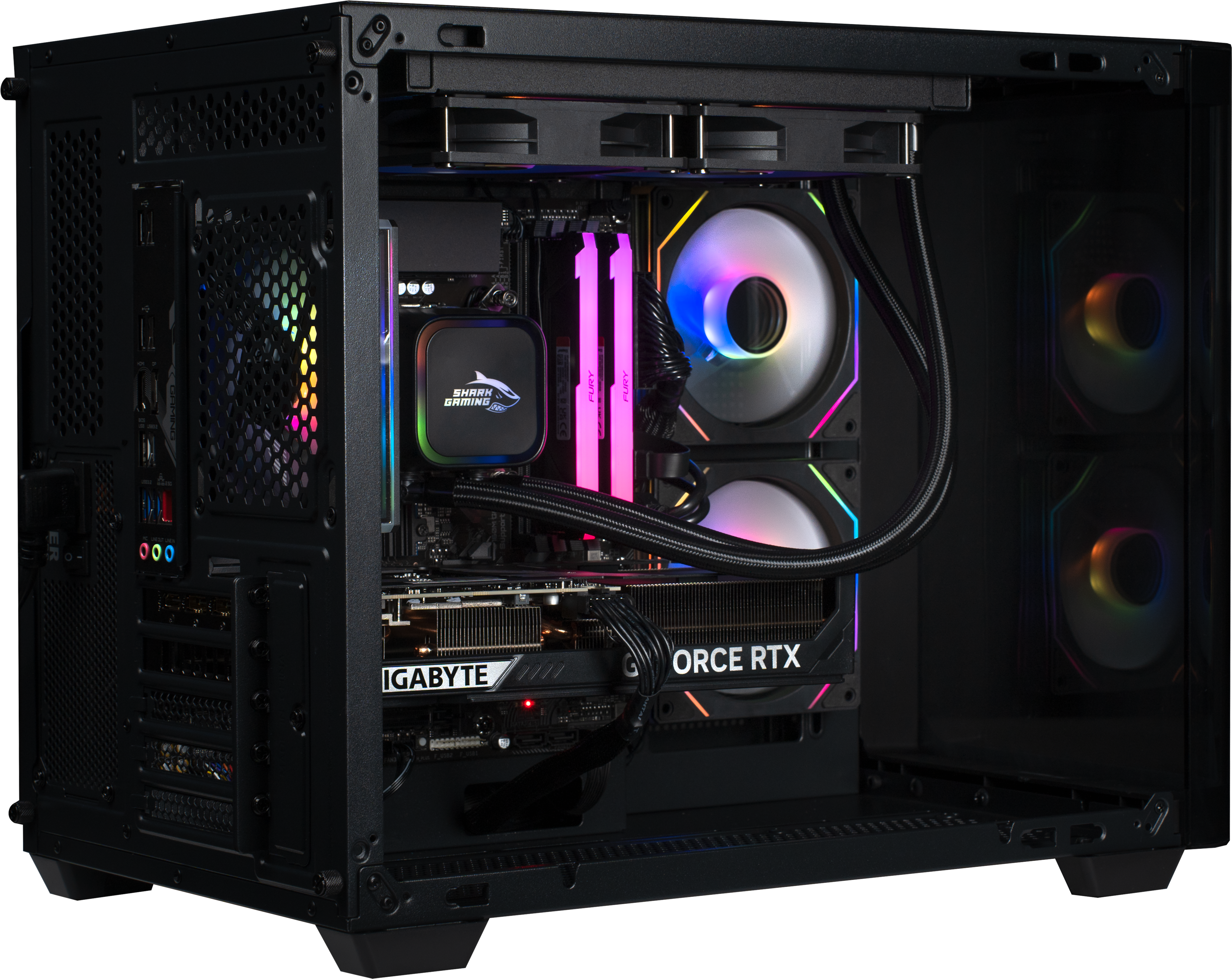 Fekete PC ház RGB ventilátorokkal és belső alkatrészekkel.