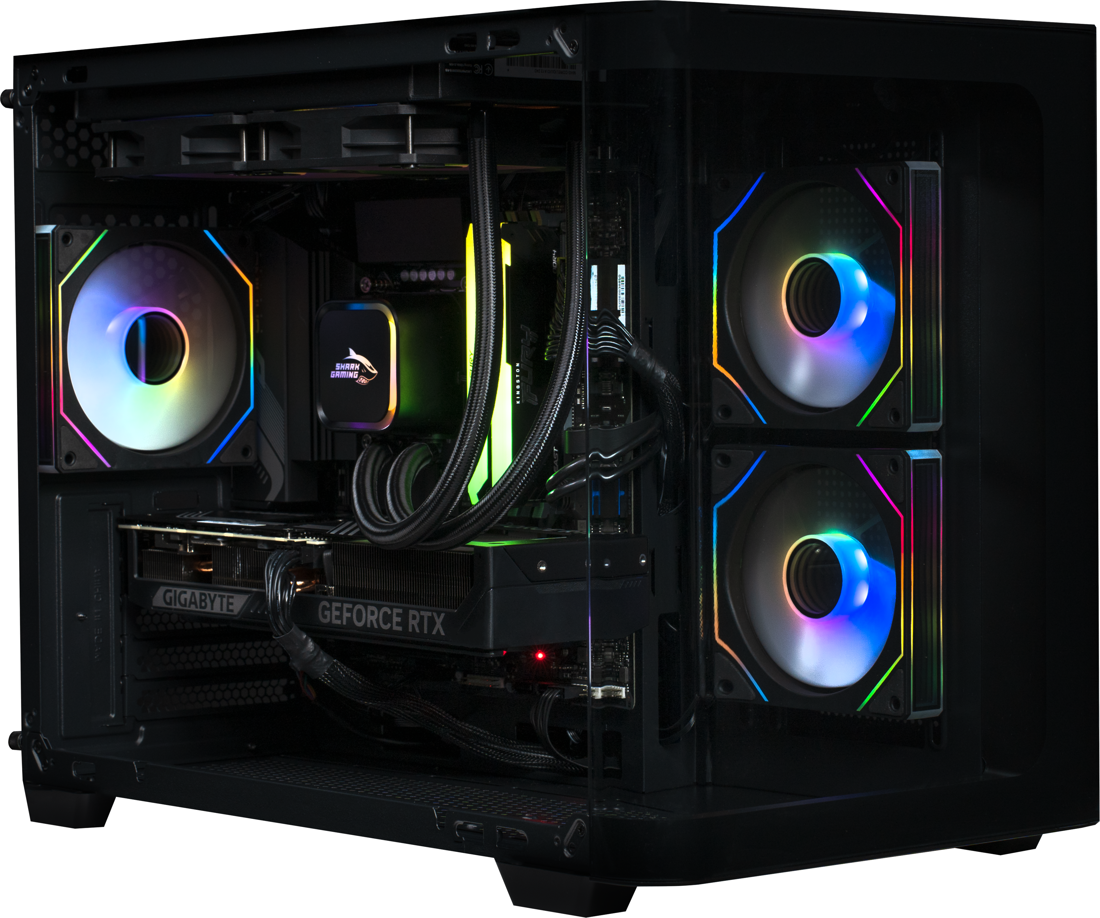 Egy fekete gamer PC RGB ventilátorokkal és "GeForce RTX" grafikus kártyával.