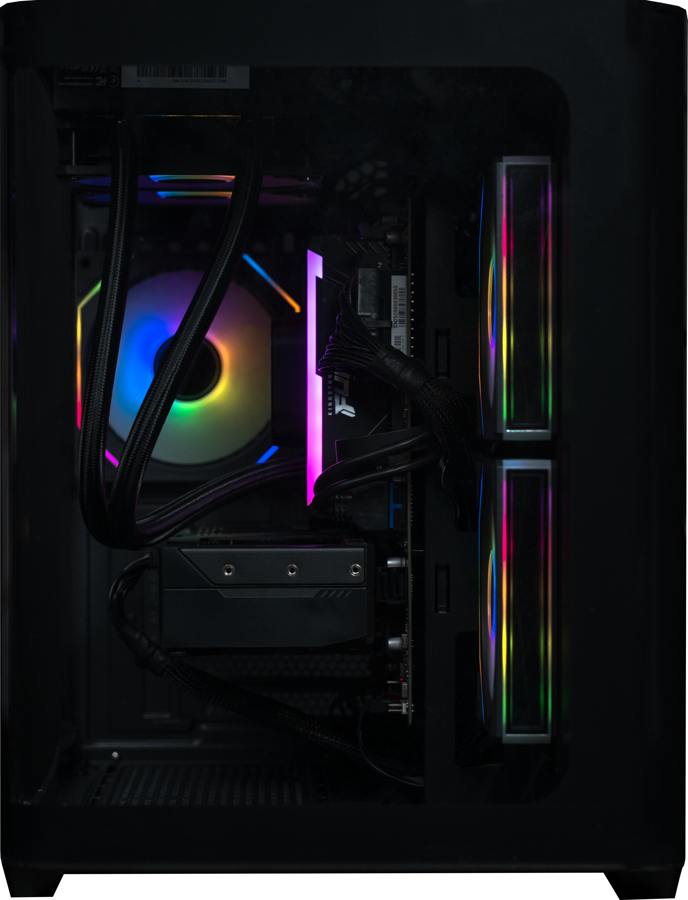 RGB-világítással, ventilátorokkal és kábelekkel ellátott PC ház.