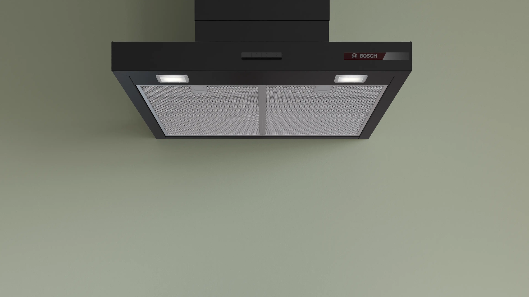 Fekete páraelszívó lámpákkal és Bosch logóval világoszöld falon.