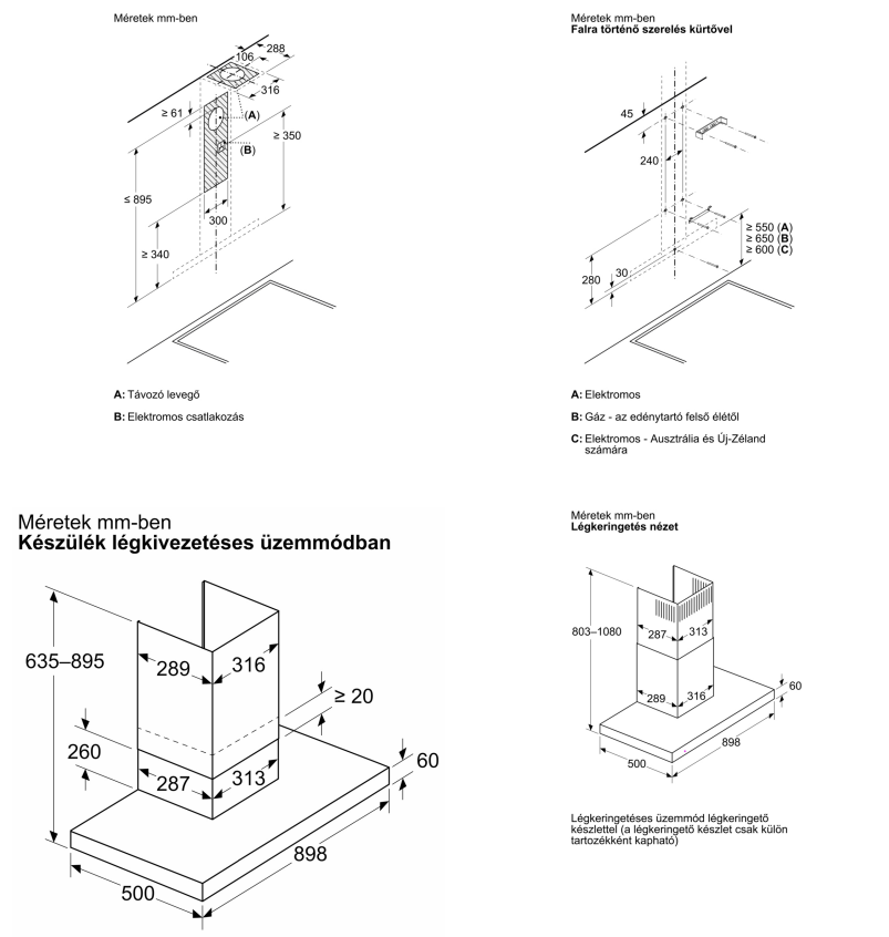 Diagramok mutatják a páraelszívó beépítési méreteit és opcióit.