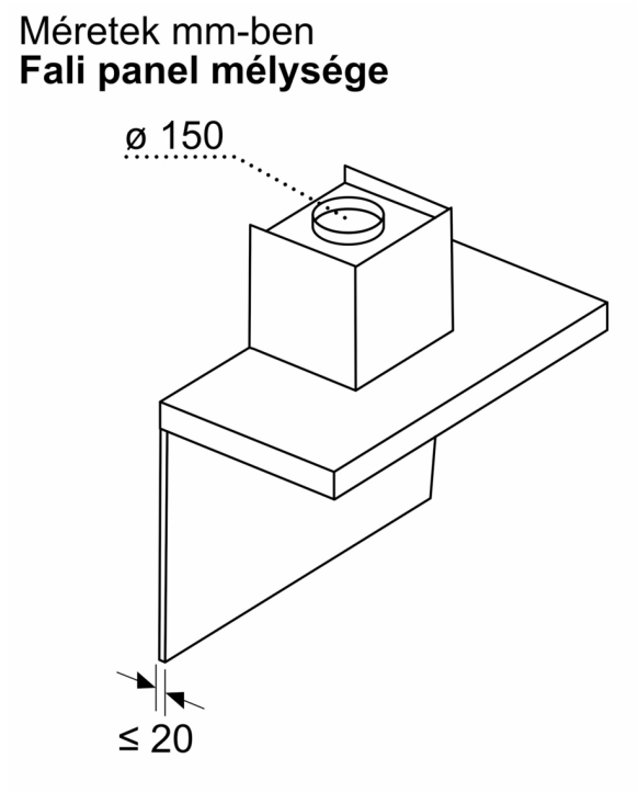 Műszaki rajz méretekkel: falmélység <lt/>= 20 mm, átmérő 150 mm.