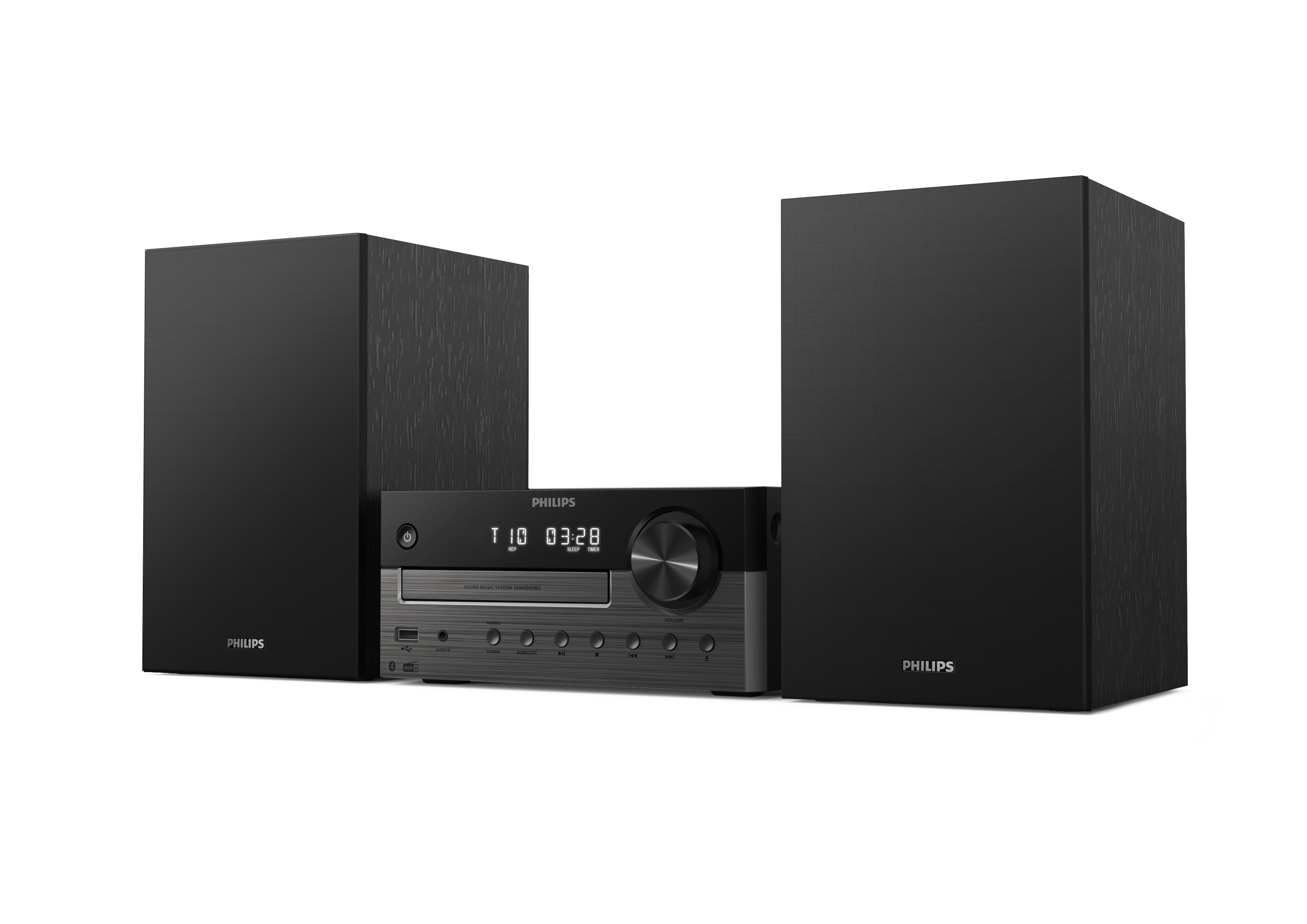 Ein schwarzes Philips Mikro-Musiksystem mit zwei Lautsprechern und einem zentralen Player.