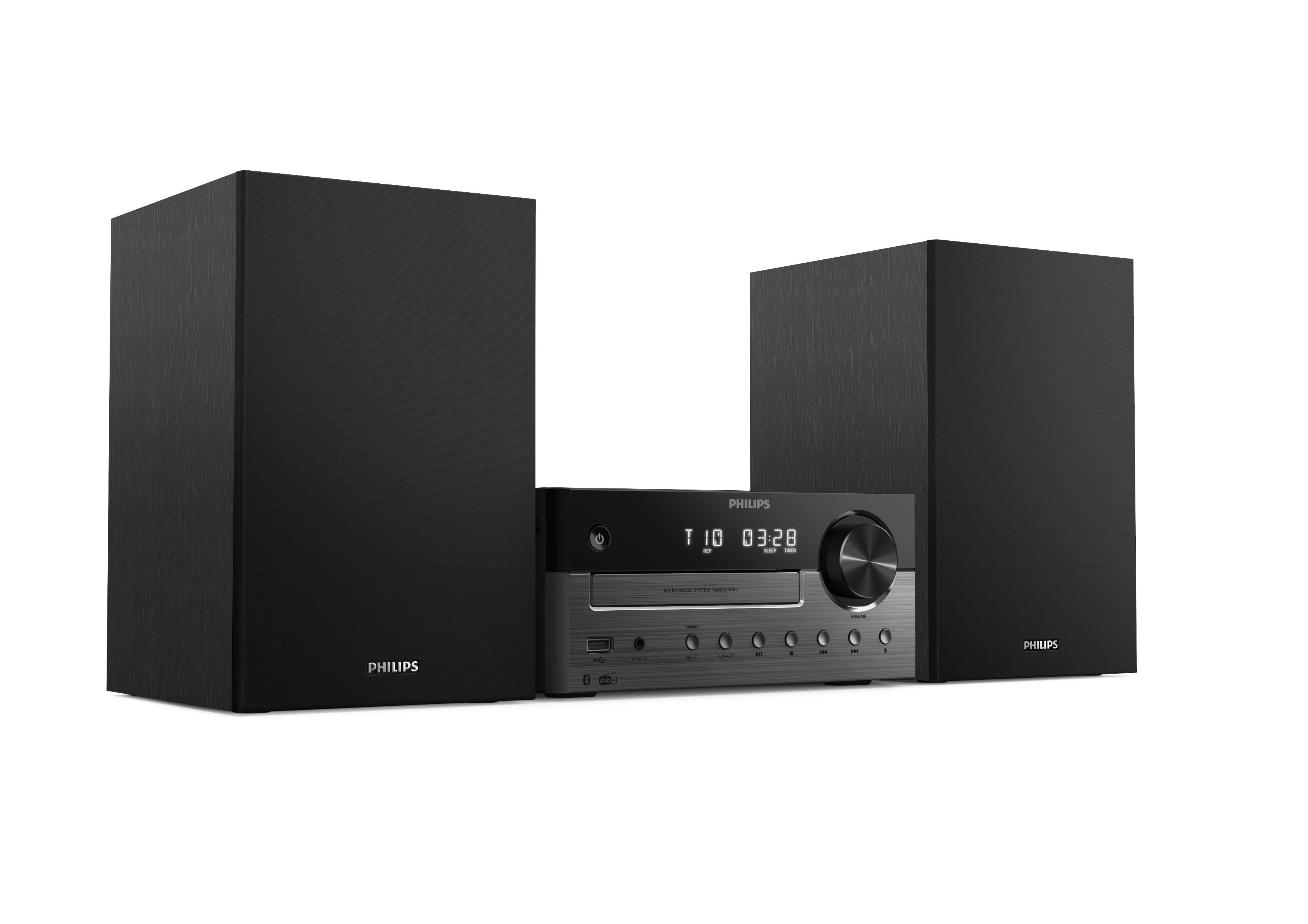 Schwarzes Philips Micro Music System mit zwei Lautsprechern und Frontbedienfeld.