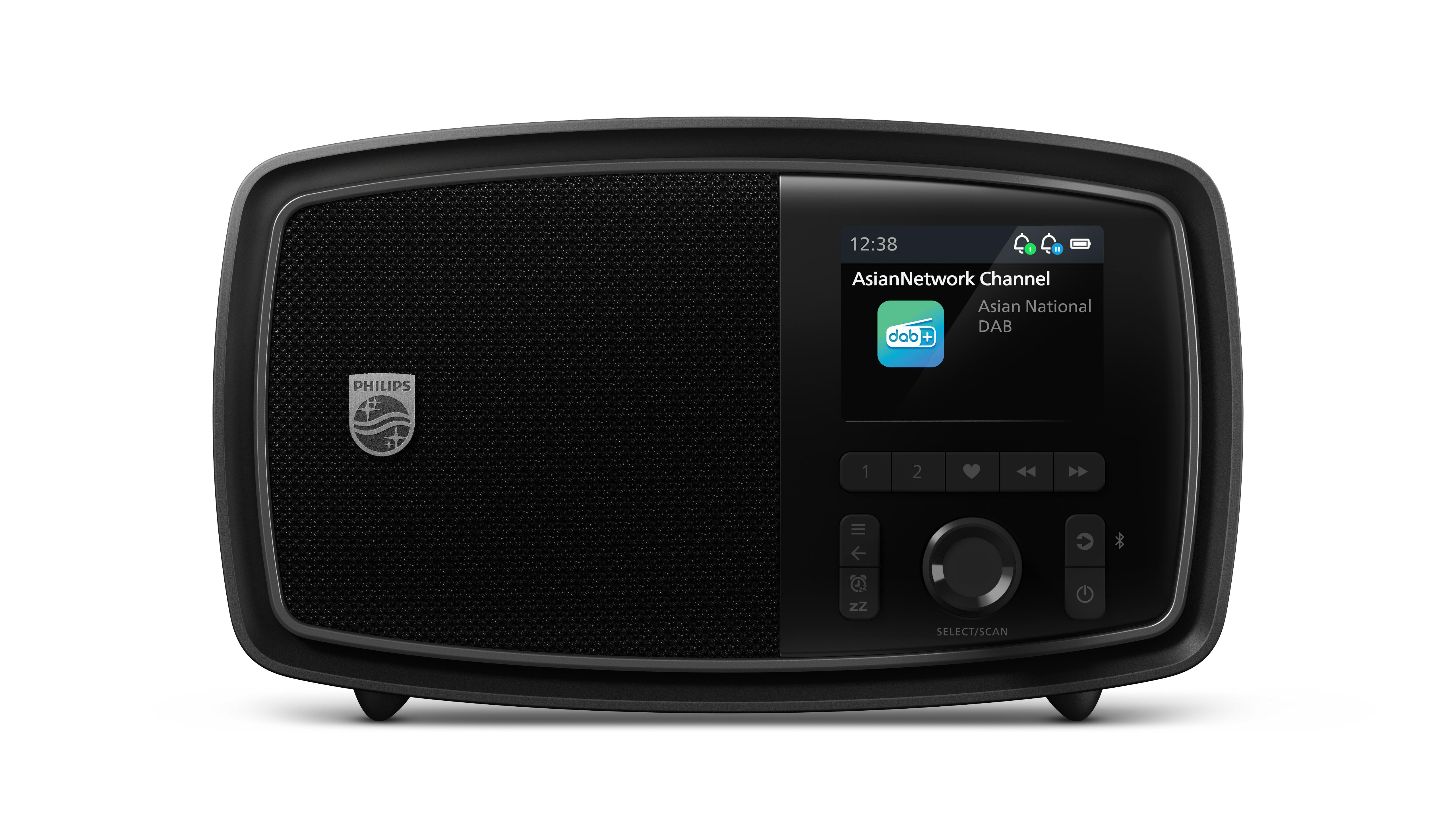 Schwarzes Philips DAB-Radio mit Bildschirm, das den Sender Asian National anzeigt.