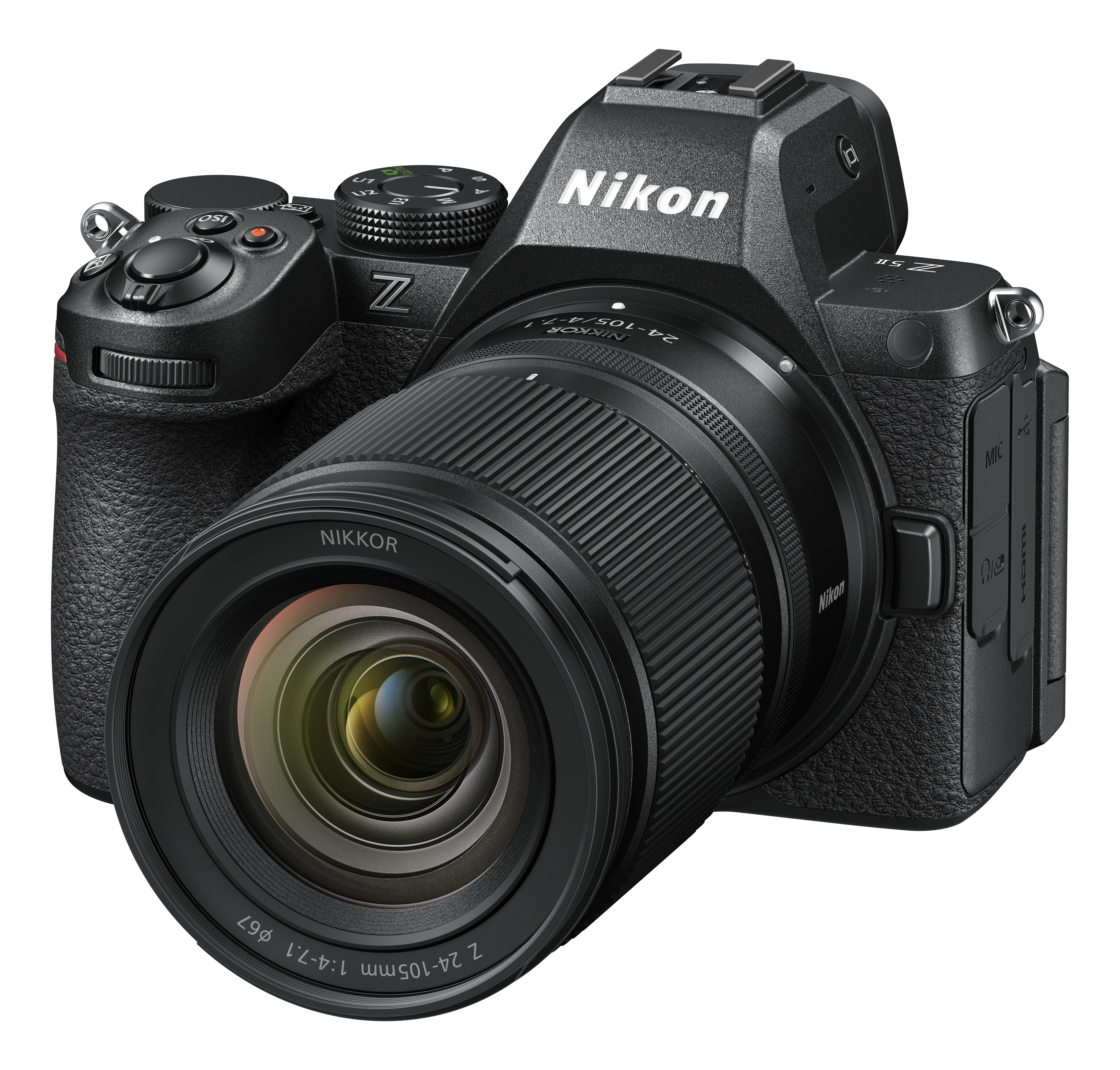 Un appareil photo Nikon Z noir avec un objectif 24-105mm. Photo studio.