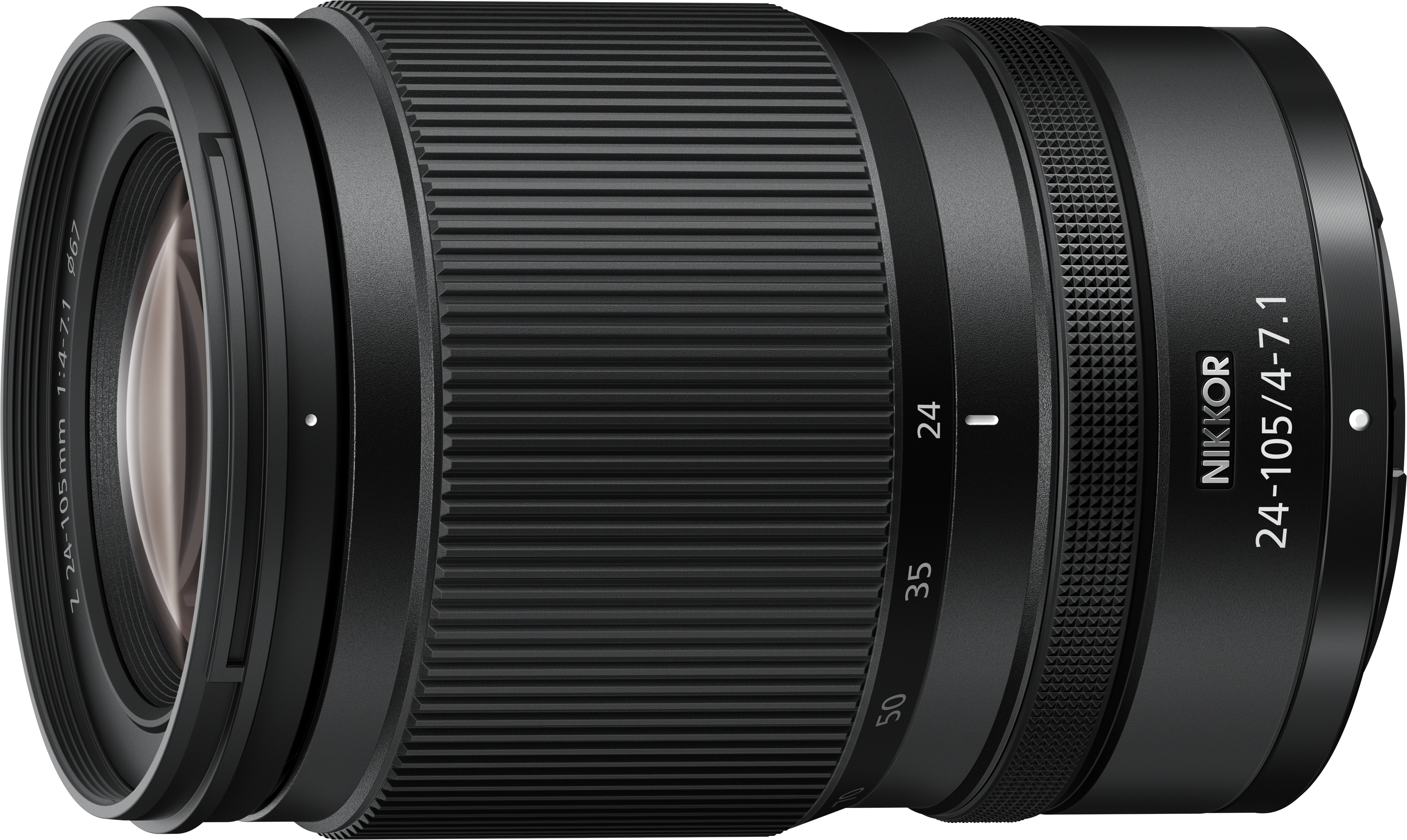 Un objectif d'appareil photo NIKKOR noir avec bague de zoom et marques de focale.