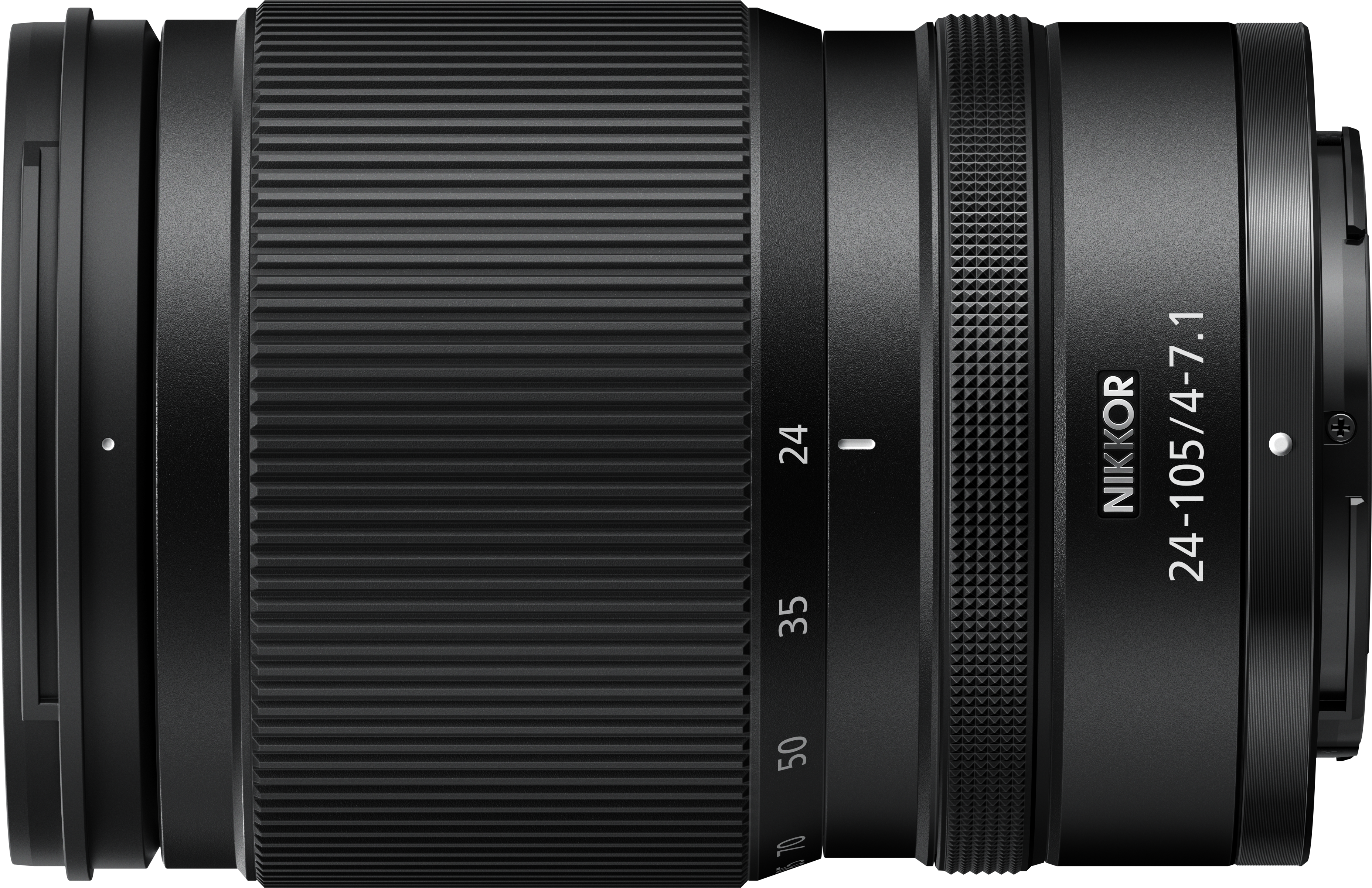Objectif NIKKOR 24-105mm f/4-7.1 noir avec bagues de mise au point et zoom.