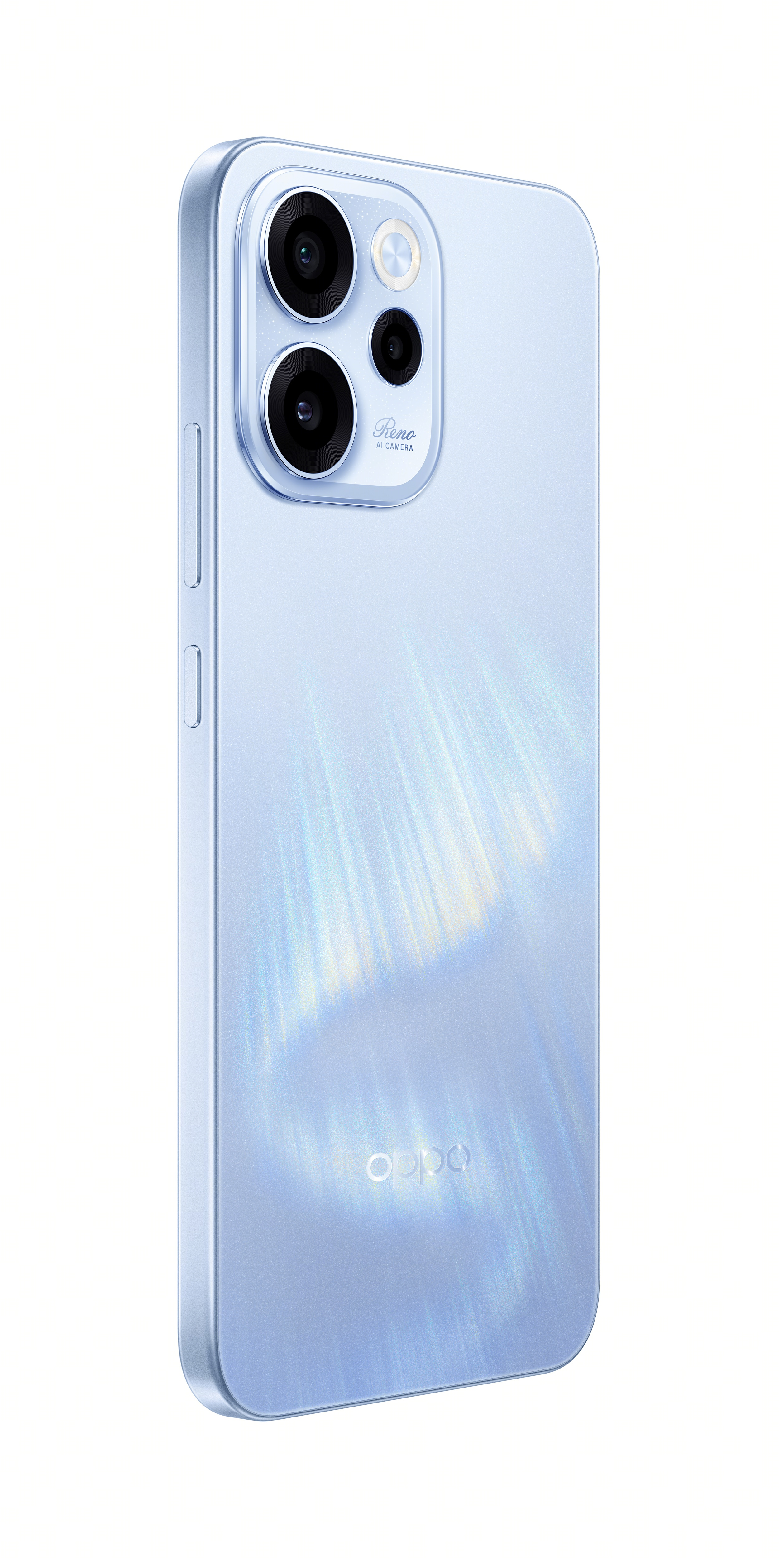 Arkada üçlü kamera sistemine sahip açık mavi bir akıllı telefon.