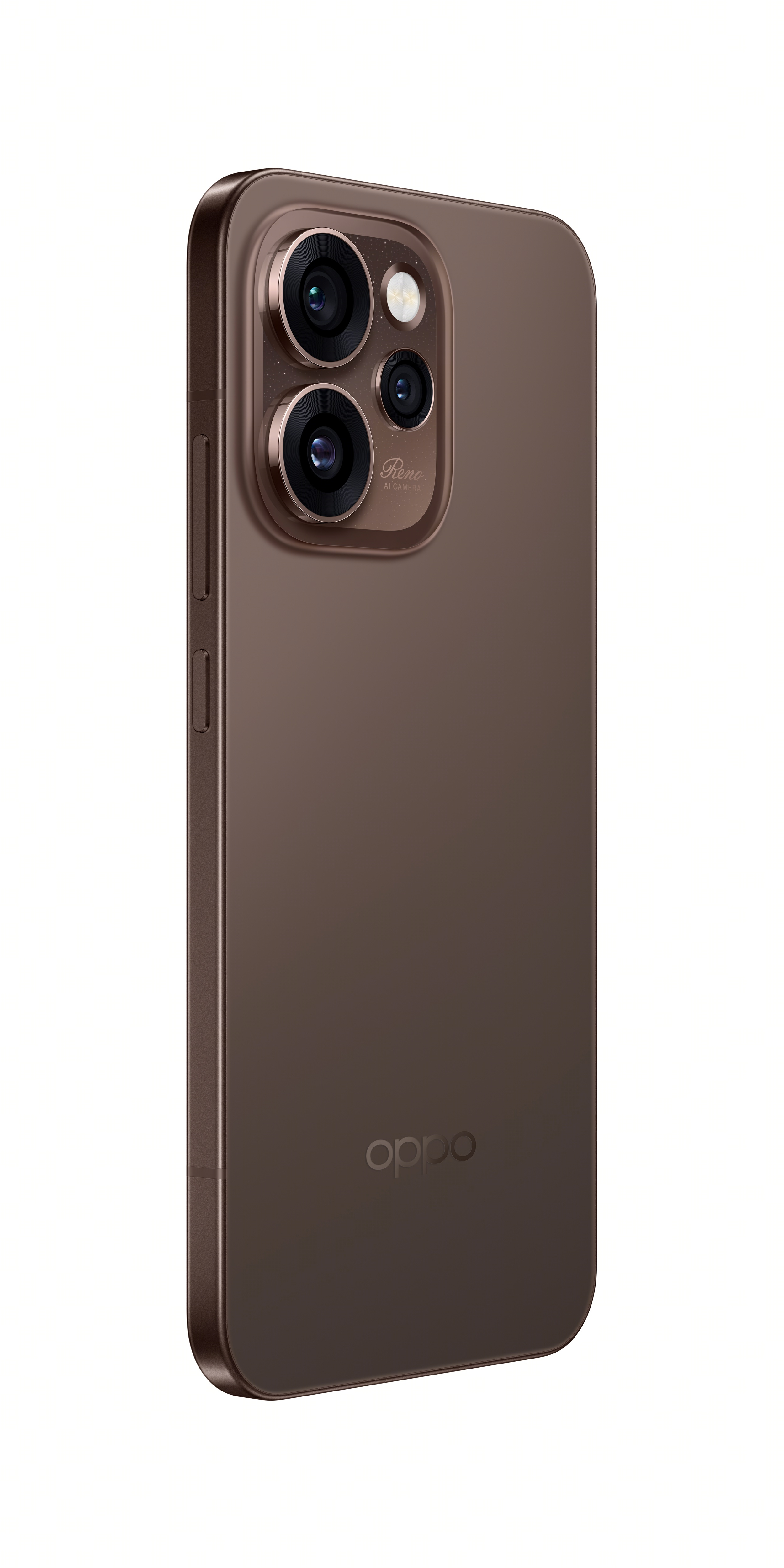 Üç kameralı ve OPPO logolu kahverengi akıllı telefon.