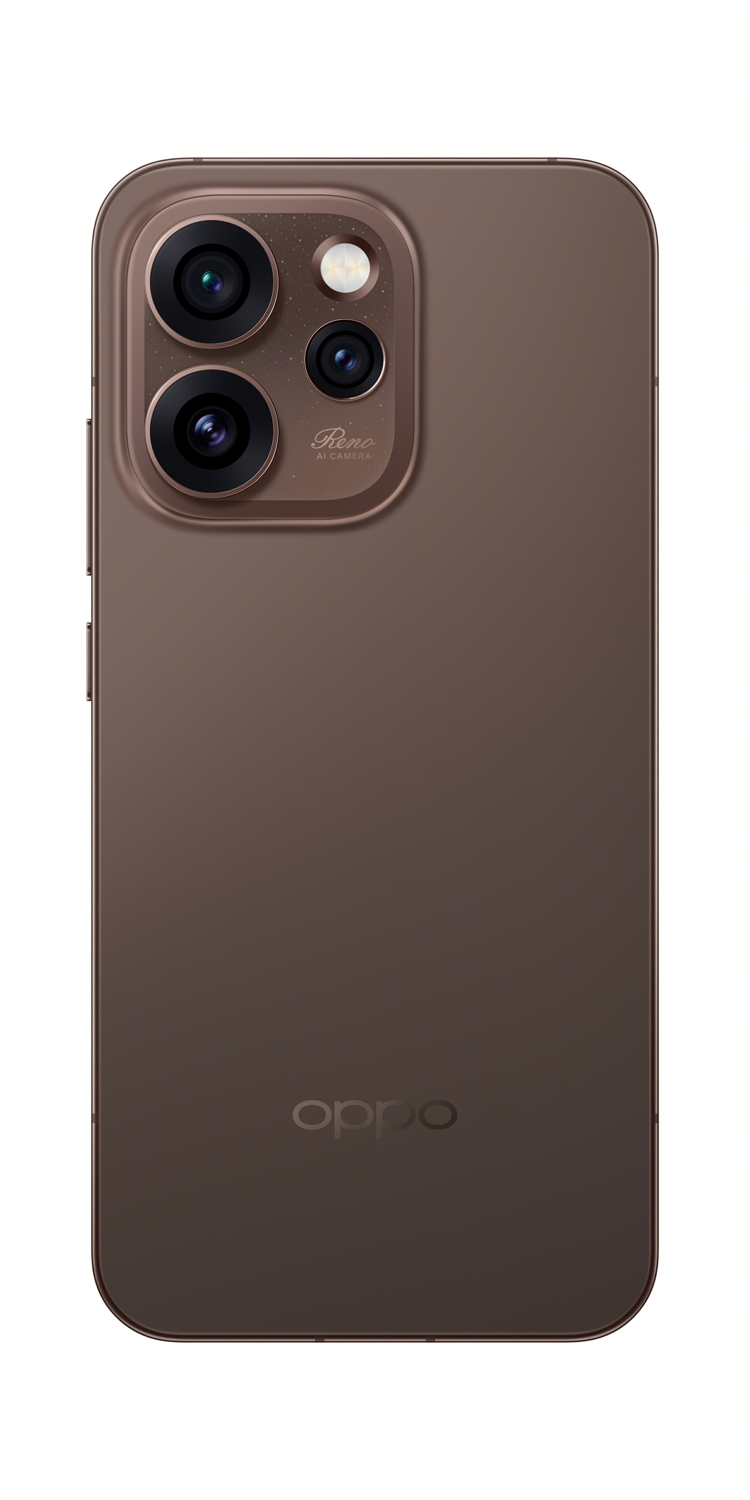 Üçlü kameraya ve OPPO logosuna sahip kahverengi akıllı telefonun arkası.