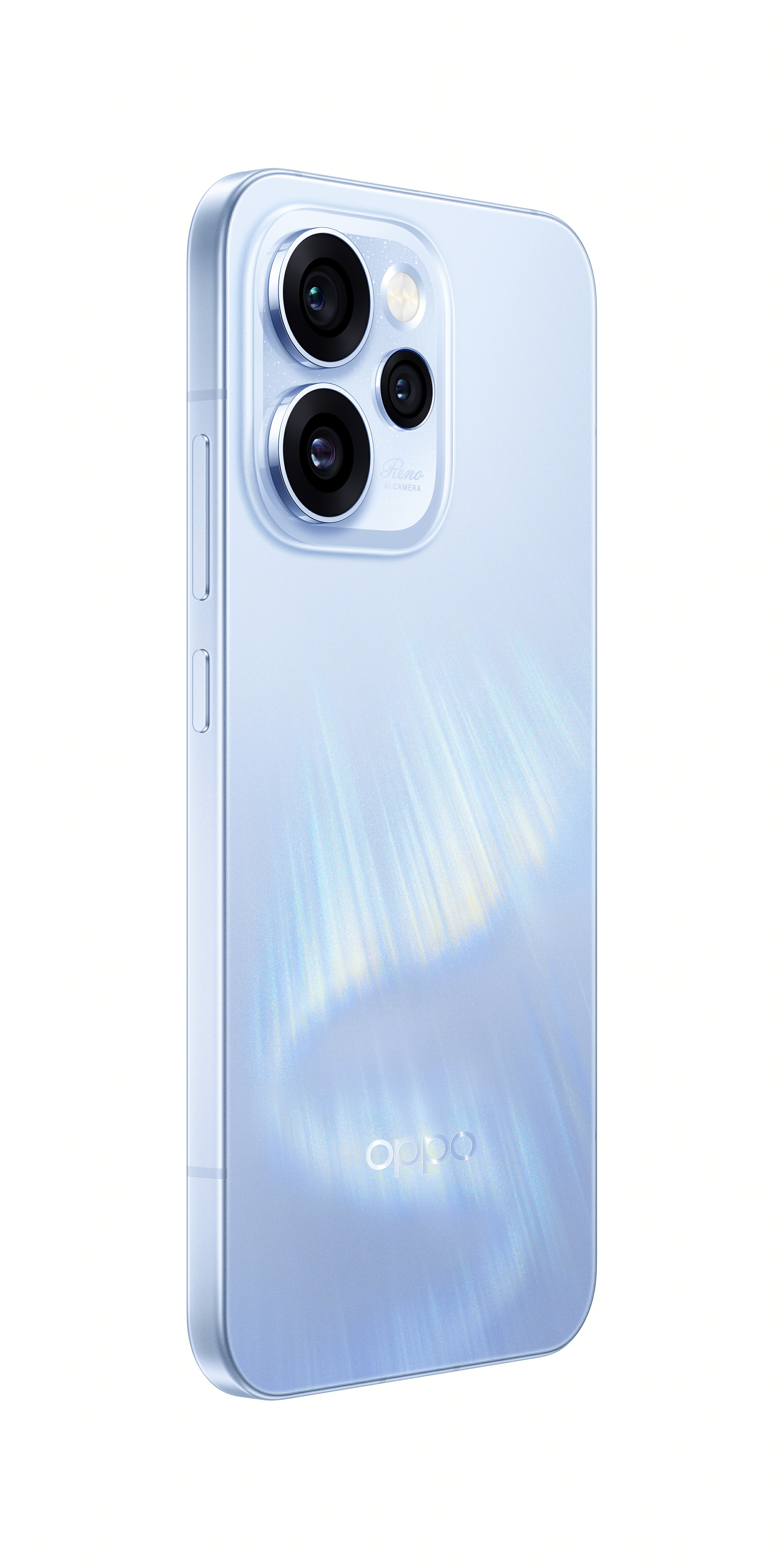 Üçlü lensli kamera modülüne ve OPPO logosuna sahip açık mavi bir akıllı telefon.
