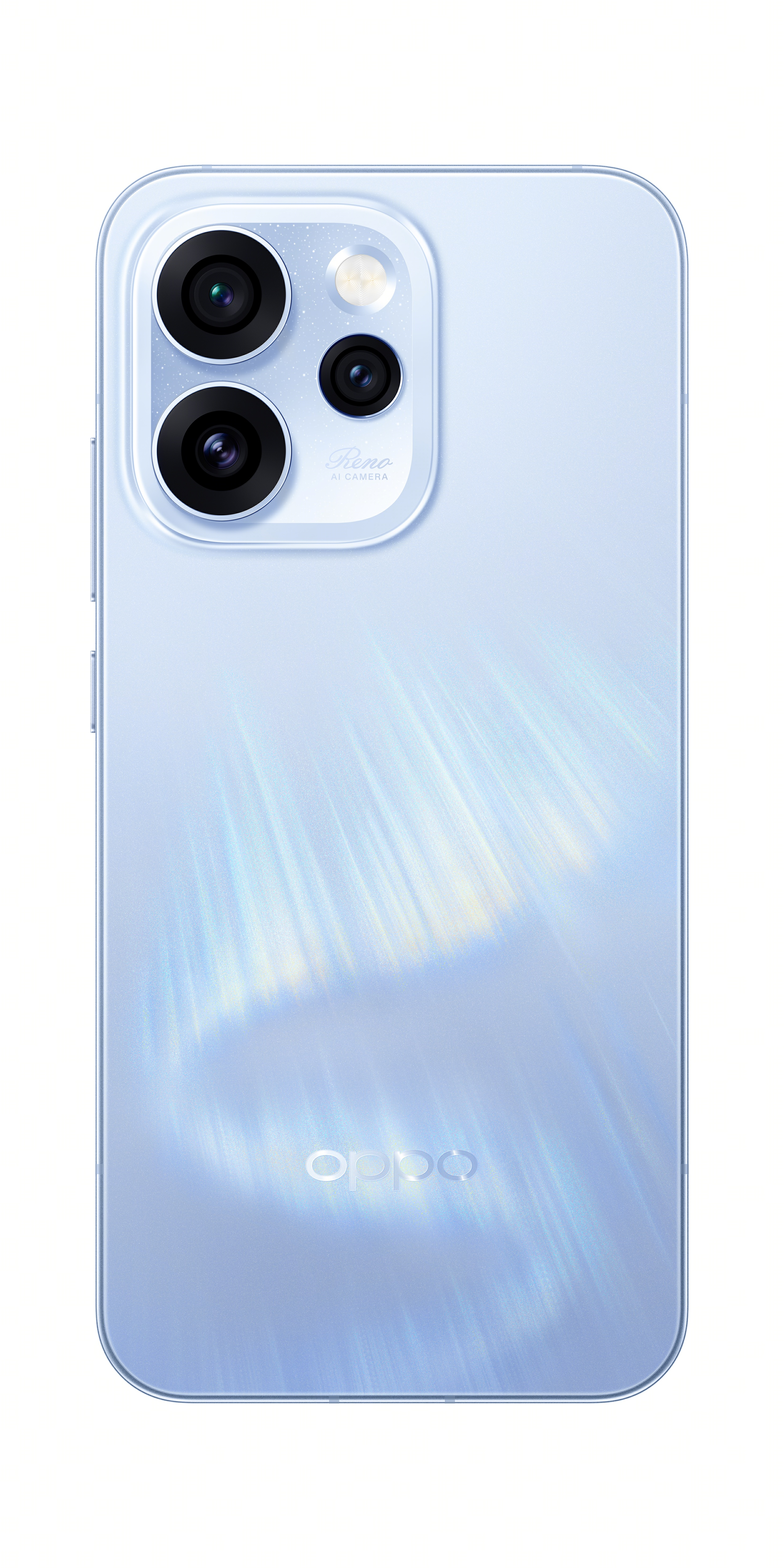 Üç kamera lensi ve OPPO logosuna sahip açık mavi akıllı telefonun arkası.