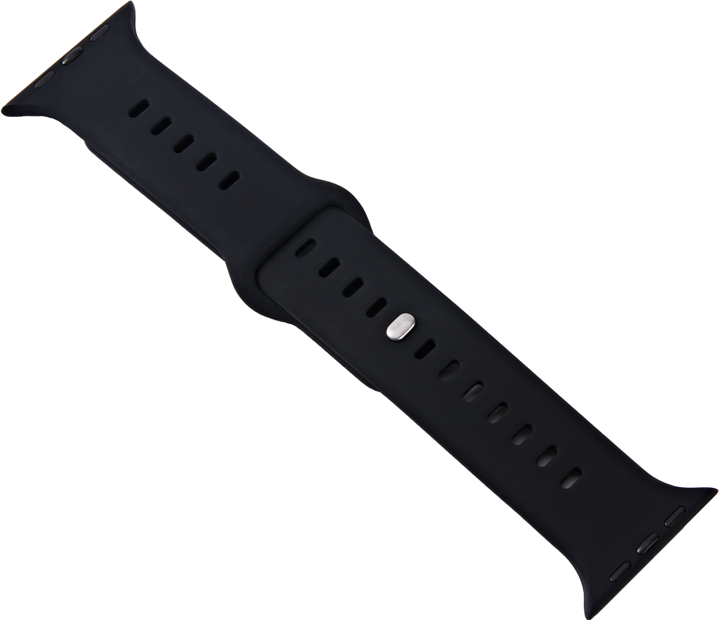 Ein schwarzes Uhrenarmband mit Schlitzen und einer Silberschnalle.