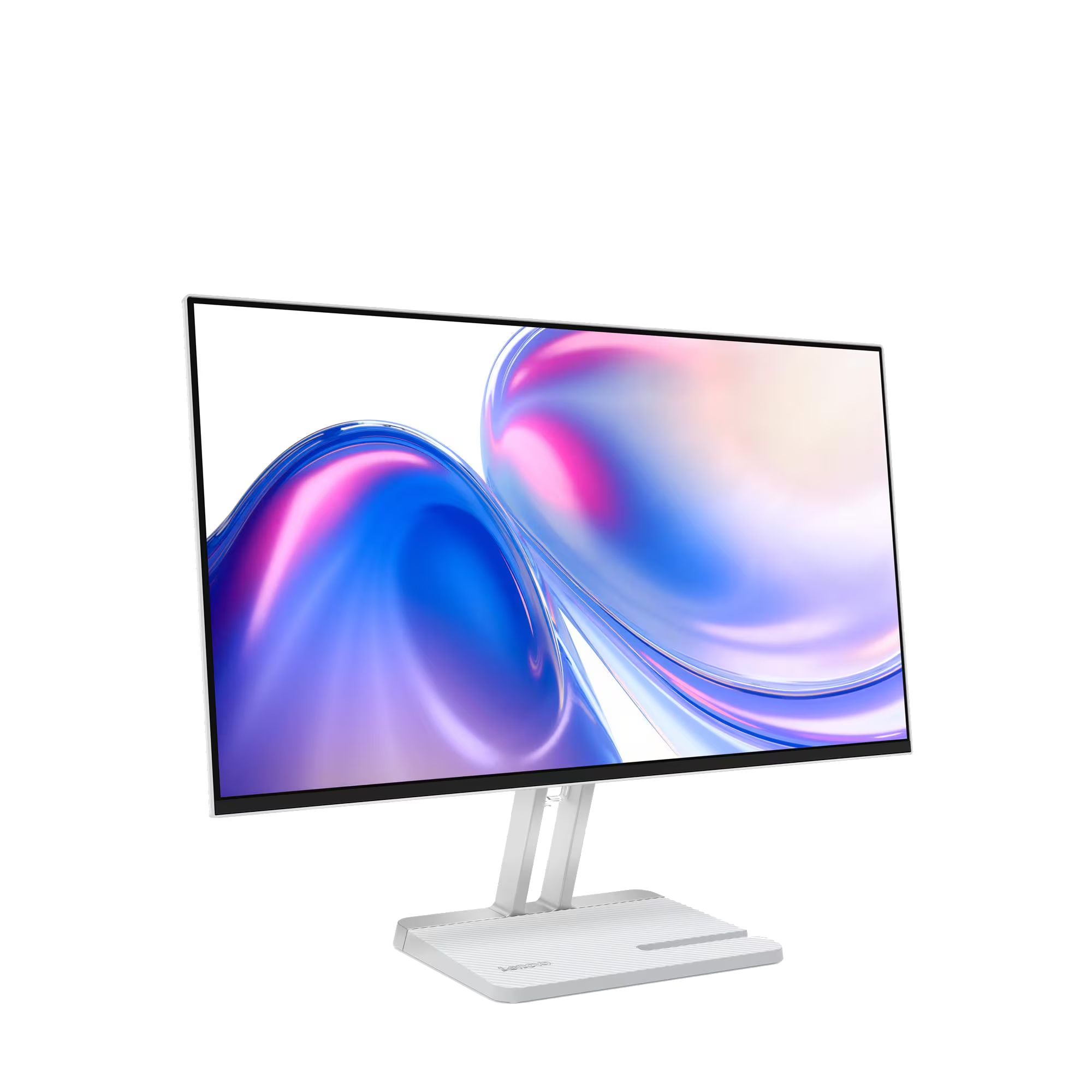 Un monitor blanco que muestra una imagen de fondo abstracta y colorida.