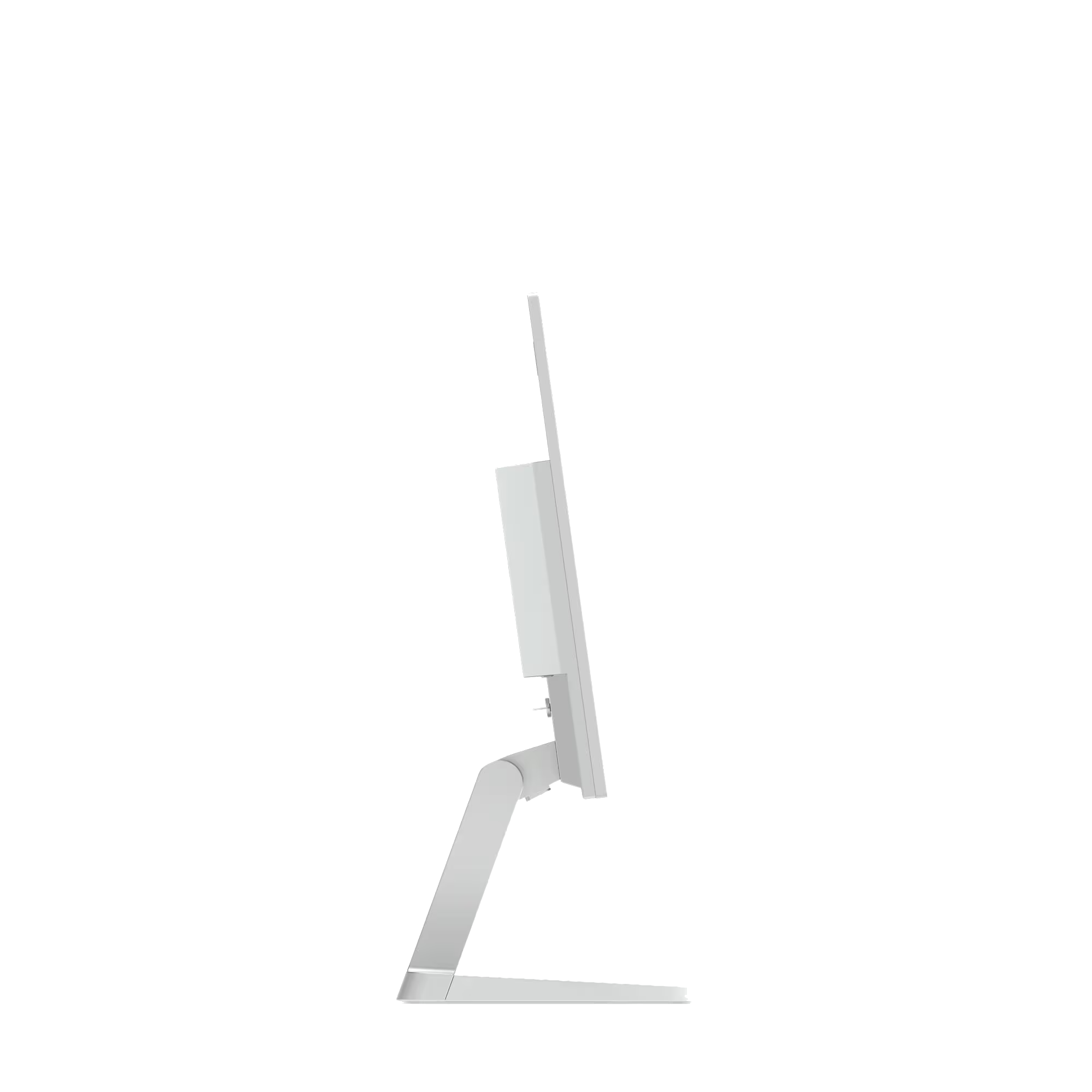 Un monitor blanco con soporte, visto de lado, sobre fondo negro.