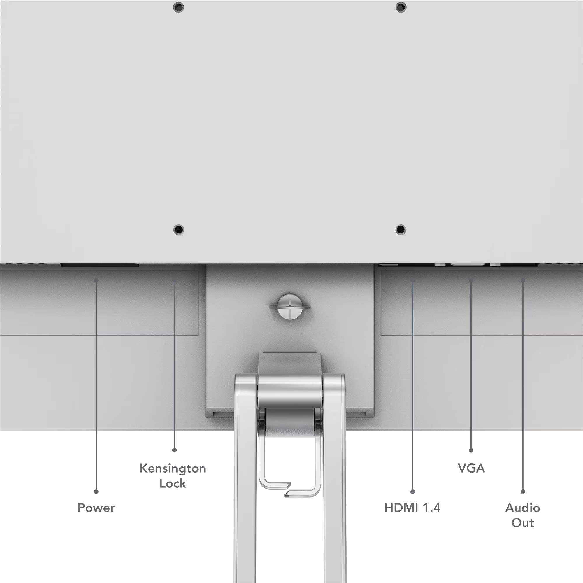 Parte trasera del monitor mostrando puertos: Alimentación, Bloqueo Kensington, HDMI 1.4, VGA, Salida de audio.
